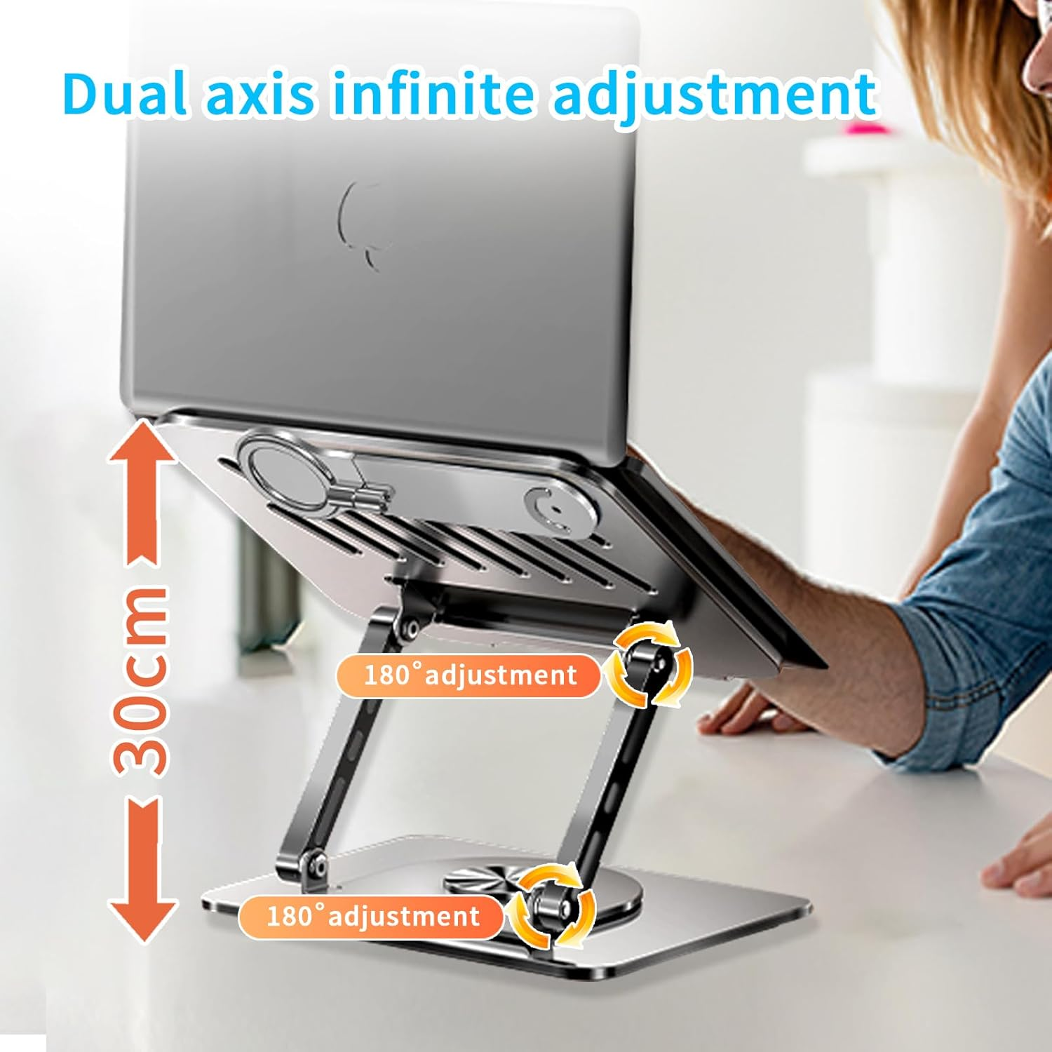 ALUCKKEY 360&deg; Rotating Laptop & Phone Stand, Heavy Duty Foldable Riser with Cooling Vents, Fits up to 17.3" Laptop, Tablet & Mobile, Compatible with Air, Pro, Dell, HP, Lenovo, Silver image number 4