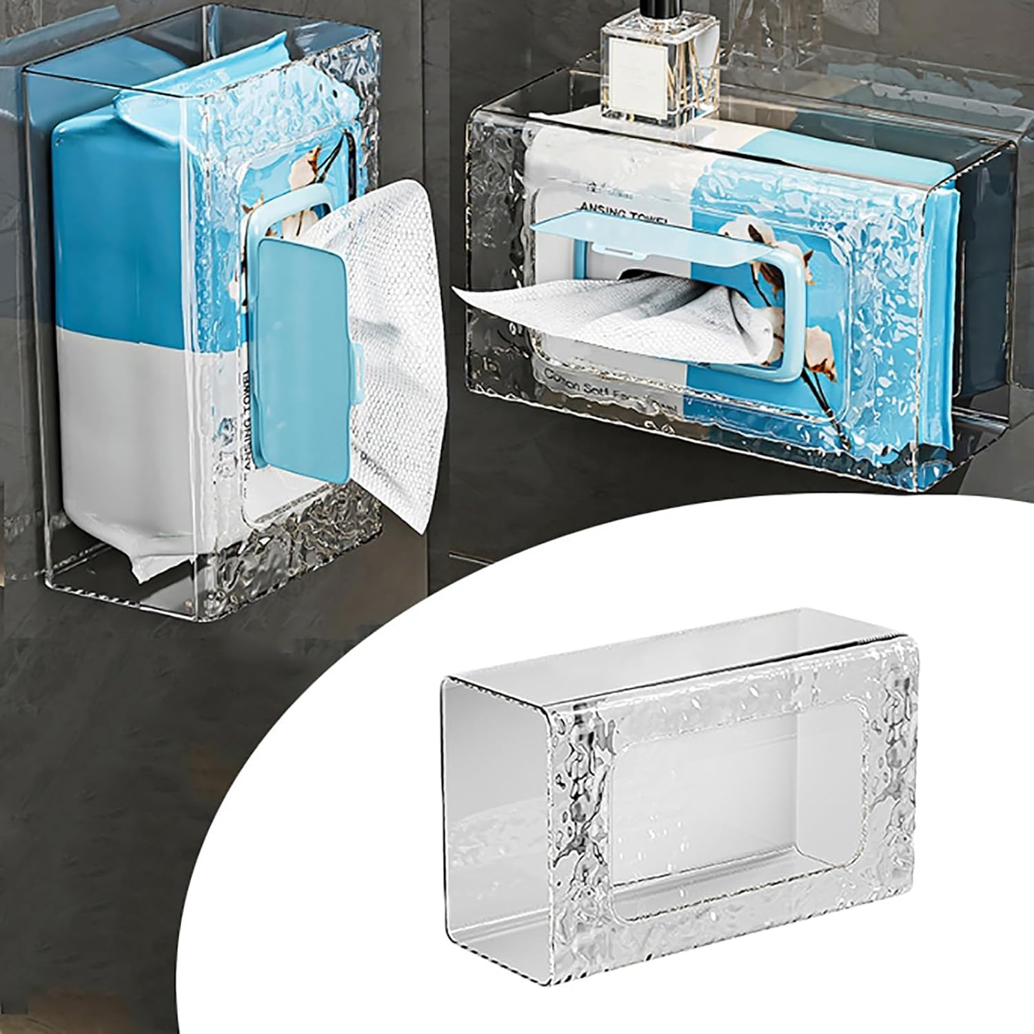 Wall Mounted Tissue Box Holder, No Punching Self-Adhesive Wipes Holder for Bathroom,Clear Acrylic Tissue Box Holder,Wet Wipes Dispenser for Kitchen Toilet,Waterproof (Transparent 1 PCS)