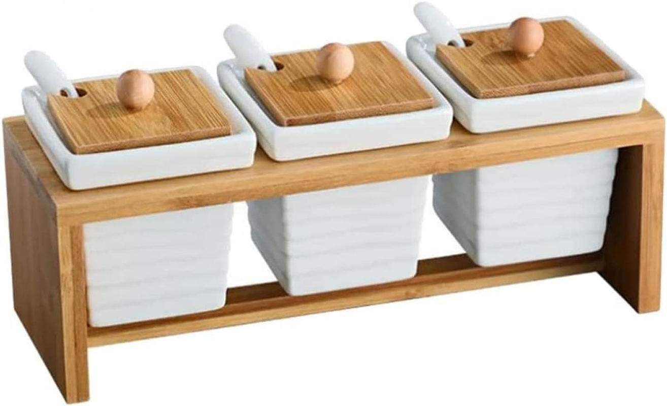 Ceramic Jar, Salt Jar, Spice Jars with Spoon, Wooden Lid and Plate, Spice Container, Storage Jar, Sugar Bowl, Salt Pot, Ceramic Jar, Spices, Salt, Sugar Container for Kitchen at Home image number 3