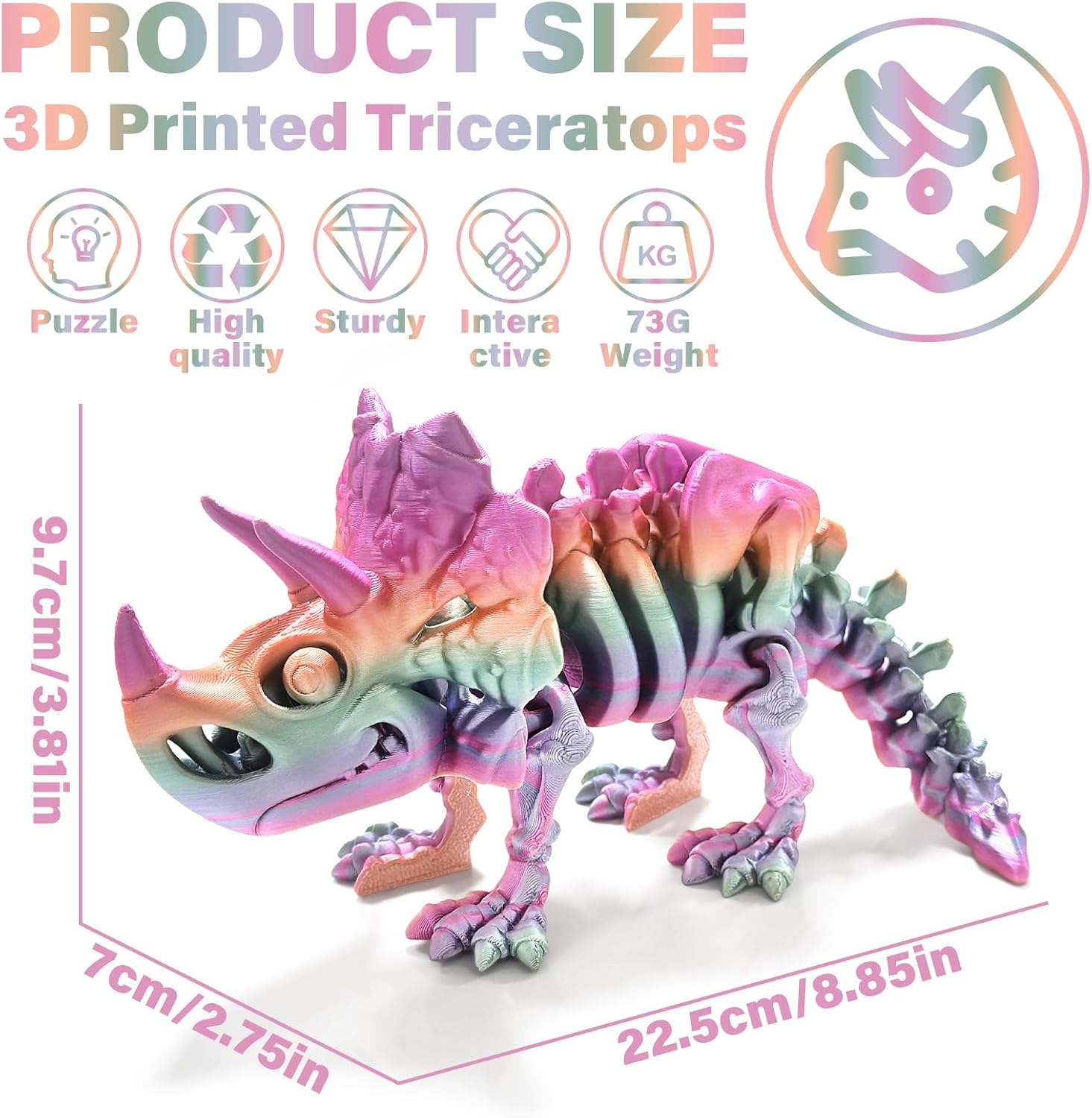 TEAONE 3D Printed Dinosaur, Triceratops Dinosaur Toy for Desktop Decorations, Fidget Toys (22.5Cm/8.85In, Rainbow Color) image number 3