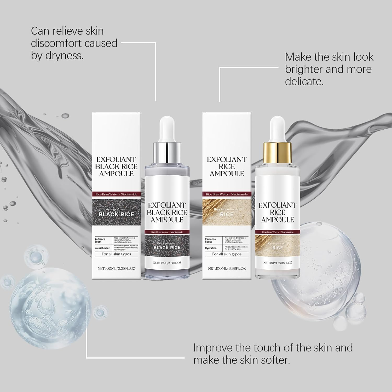 2PCS Gentle Exfoliating Ampoule - Black and White Rice Peeling Ampoule for Face & Body,Deeply Hydrates,Smooths & Refines Skin Texture - All Skin Types image number 3