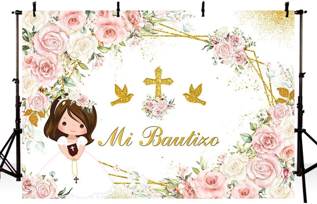 AIBIIN Mi Bautizo Backdrop Boho Baptism God Blessing Communion Party Decoration Girl Pink White Flowers Gold Dove Holy Cross Newborn Baby Shower Photo Booth Props 7X5Ft image number 3