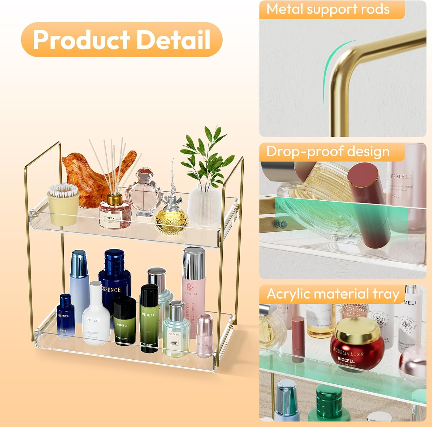Bathroom Countertop Organizer, 2 Tier Acrylic Tray Vanity Counter Skincare Organizer Shelf, Kitchen under Sink Standing Rack, Home Storage Holder for Lotion Makeup Cosmetics Perfume Spice, Gold image number 5
