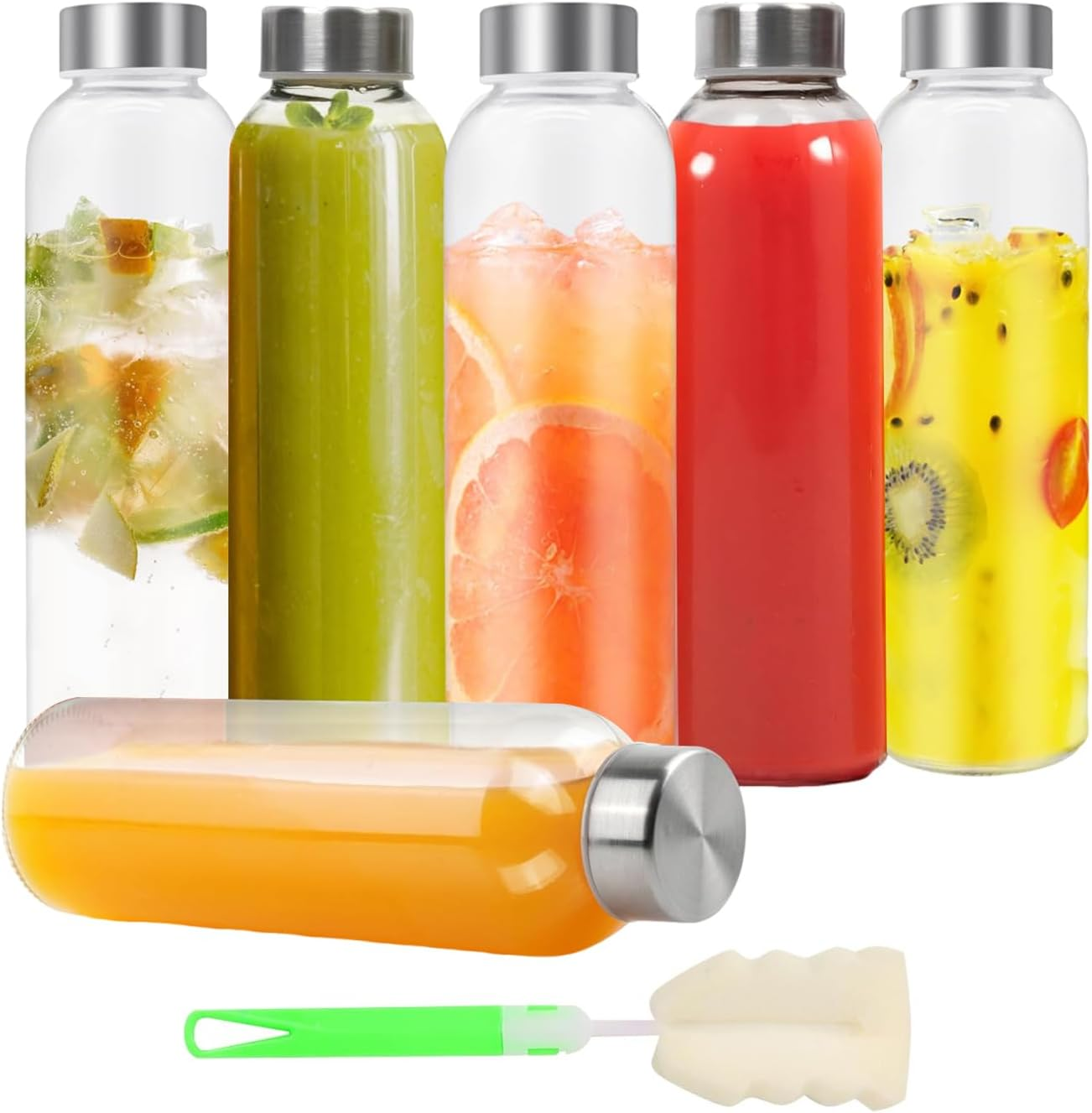 Taoluwin Glass Water Bottle Set, 6-Pack 18OZ Clear Glass Bottles, Reusable & Leak Proof Juice Containers for Water, Juice, Tea, and More