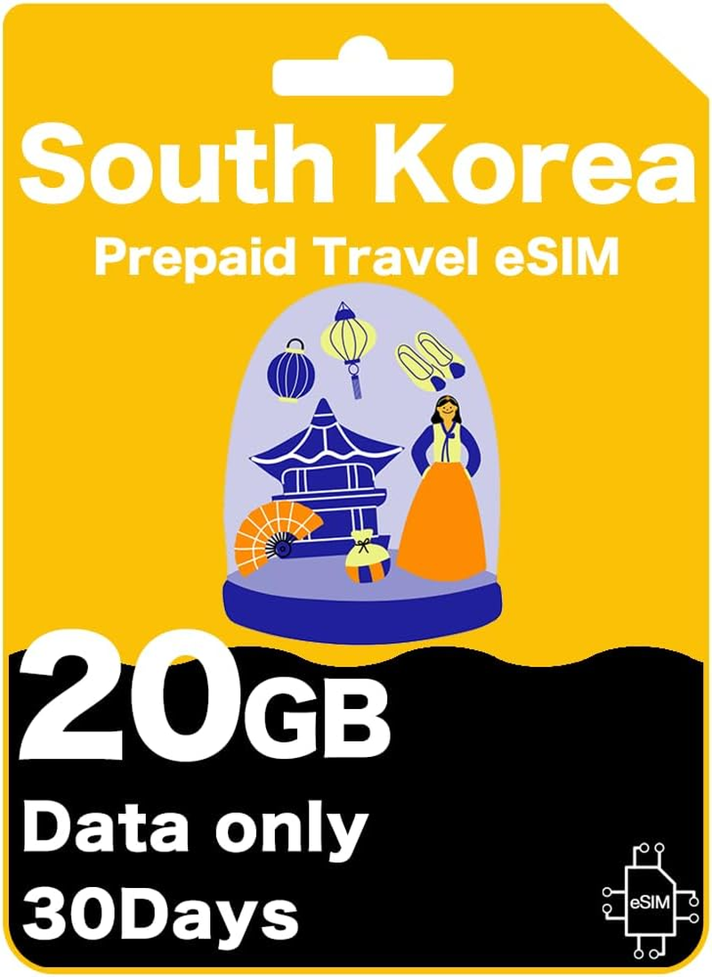 South Korea Prepaid Esim - SK Telecom Network, High-Speed Data, Unlimited Data at 128Kbps, Data-Only (10GB (30 Days))