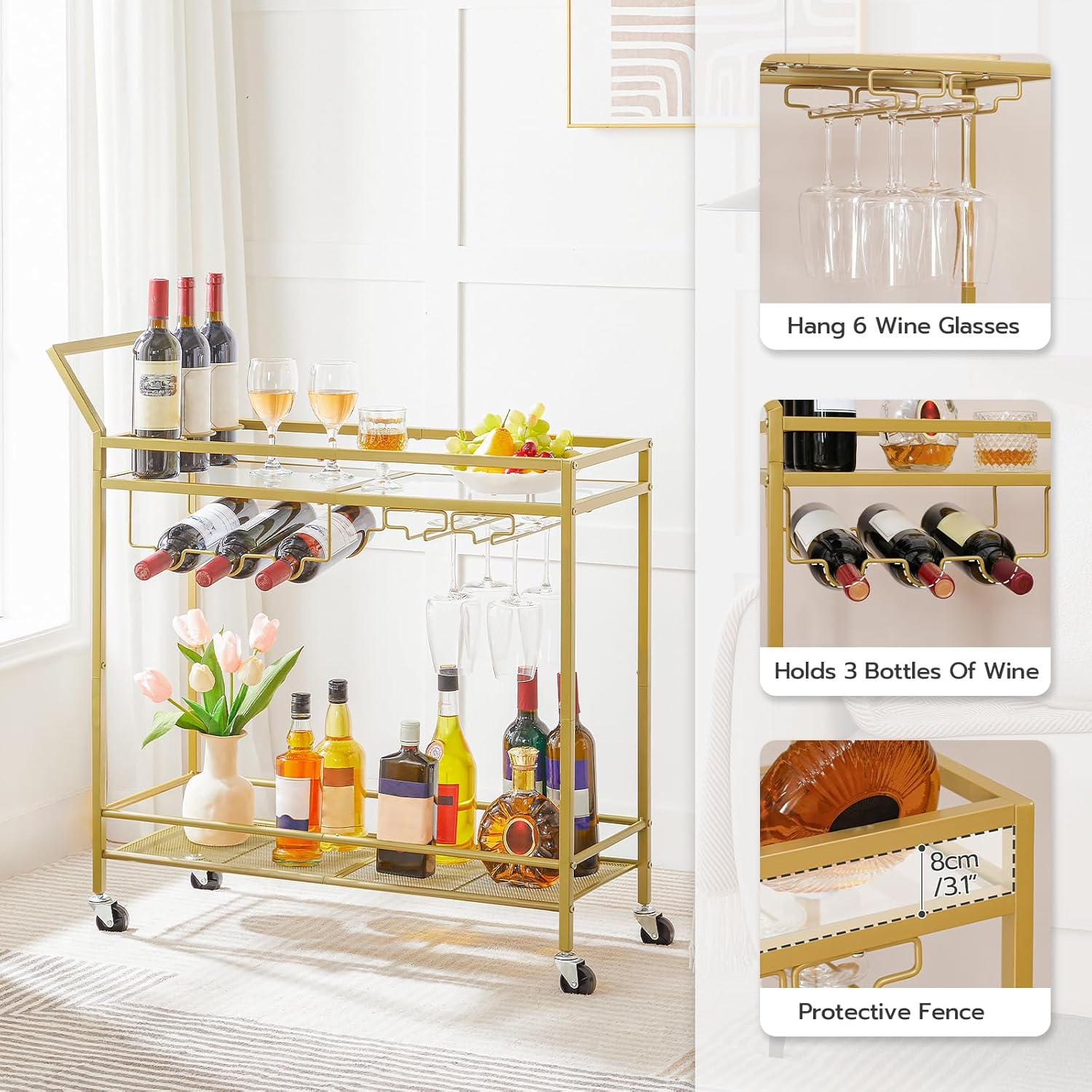 HOOBRO Bar Cart for the Home, 2-Tier Kitchen Cart with Wine Rack and Glass Holder, Serving Cart with Wheels and Guard Rails for Dining Room, Living Room, Party, Bar, Gold GD11TC01 image number 6