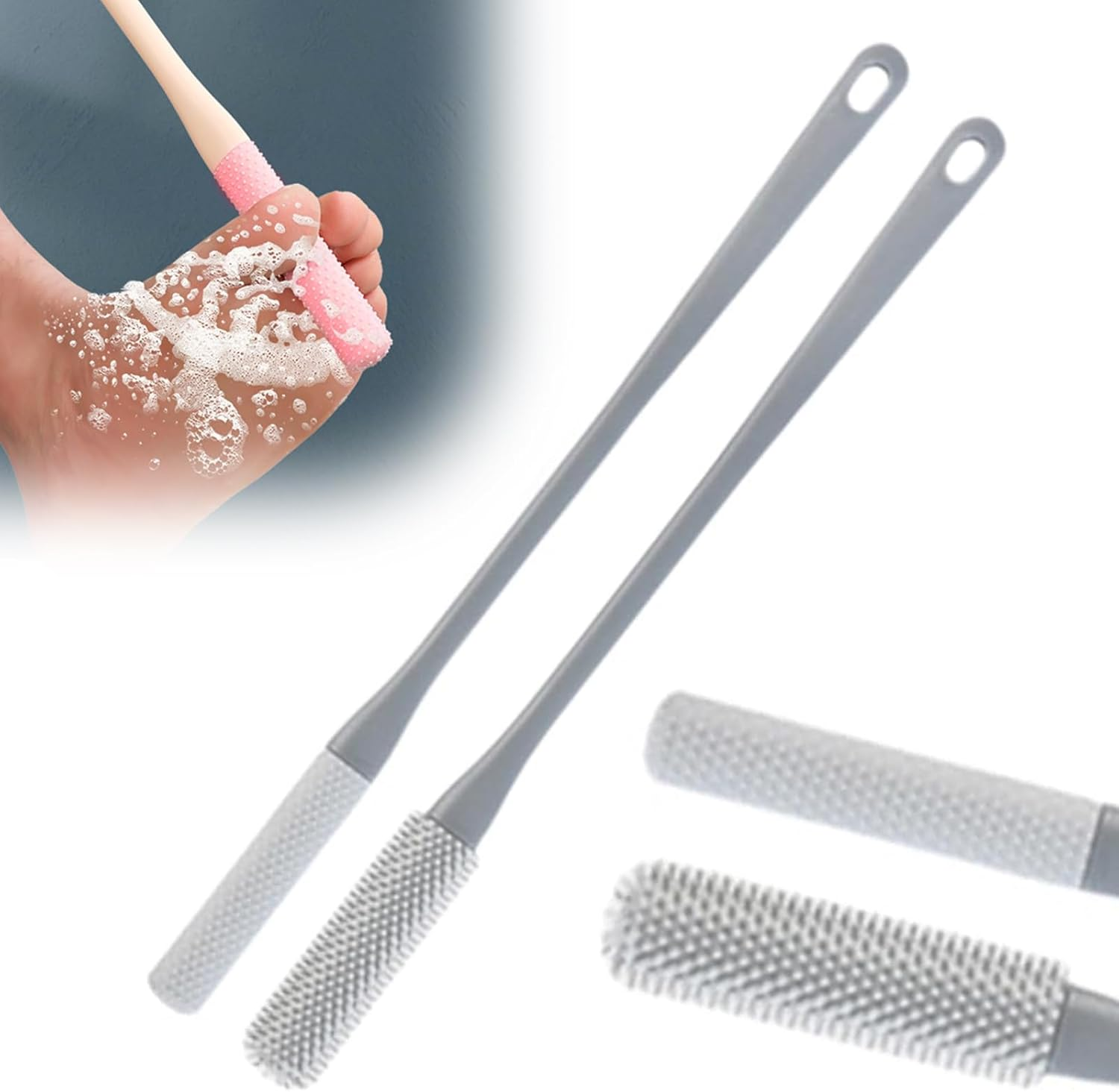 Toe Gap Cleaning Brush, Long Handled Silicone Toe Cleaner Toes Crevice Soft Rubber Brush,Exfoliating Brush Foot Scrubber for Shower for Seniors,Elderly, Men and Women (Gray)