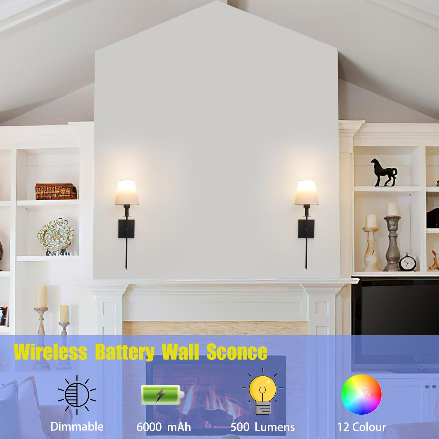 Wall Lights Battery Operated Wall Sconces Set of 2，Indoor Not Hardwired Fabric Shade Fixtures,Rechargeable Wireless Wall Sconces with Dimmable Remote Control,For Bedroom,Farmhouse (Black) image number 4