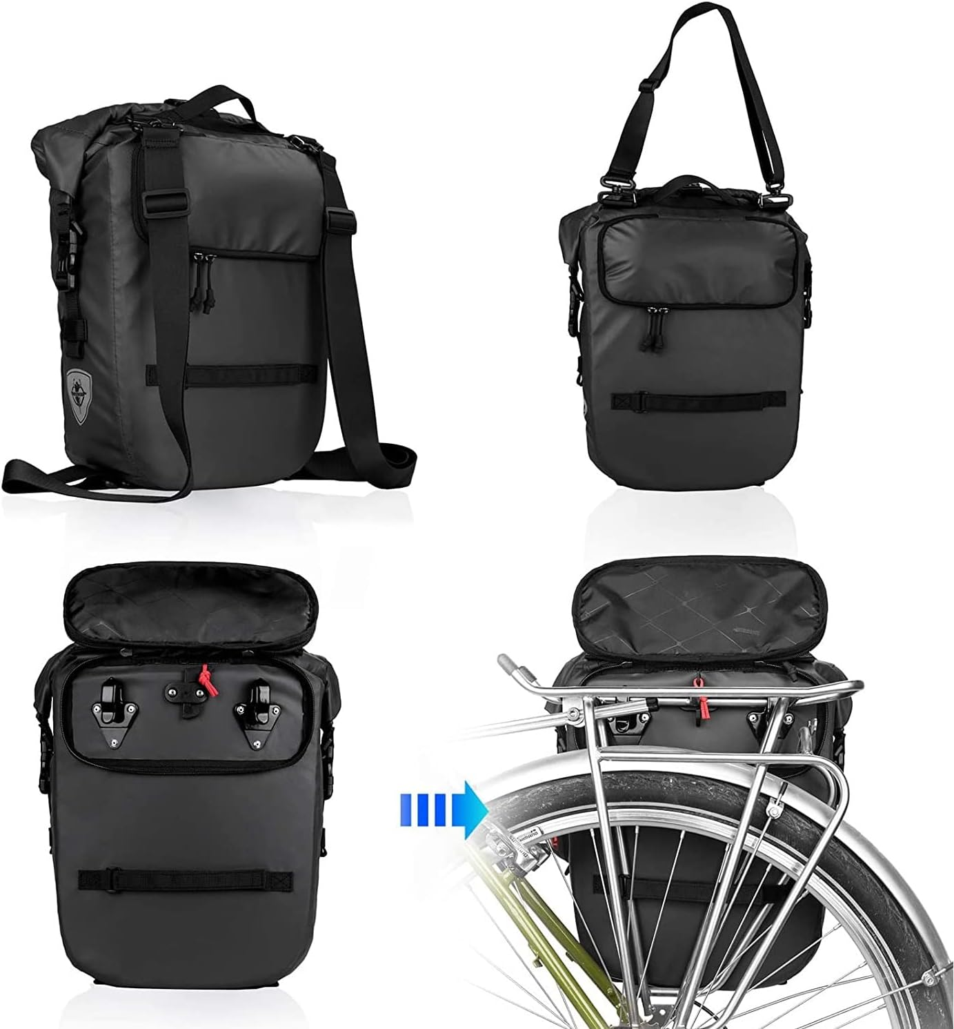 Rhinowalk Bike Pannier Bag, Waterproof Rack Bicycle Bag 20L, Bike Bag Shoulder Bag Laptop Pannier Backpack Professional Cycling Accessories-Black image number 3