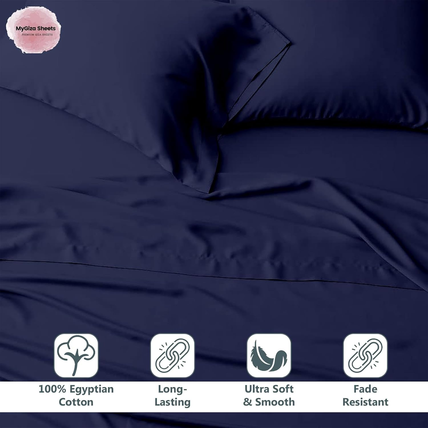 Mygiza Sheets 4 Pcs King Sheet Set, 100% Certified Giza Egyptian Cotton, Soft & Luxury Sheets Fits 18 Inches Deep Mattress, Indigo image number 3