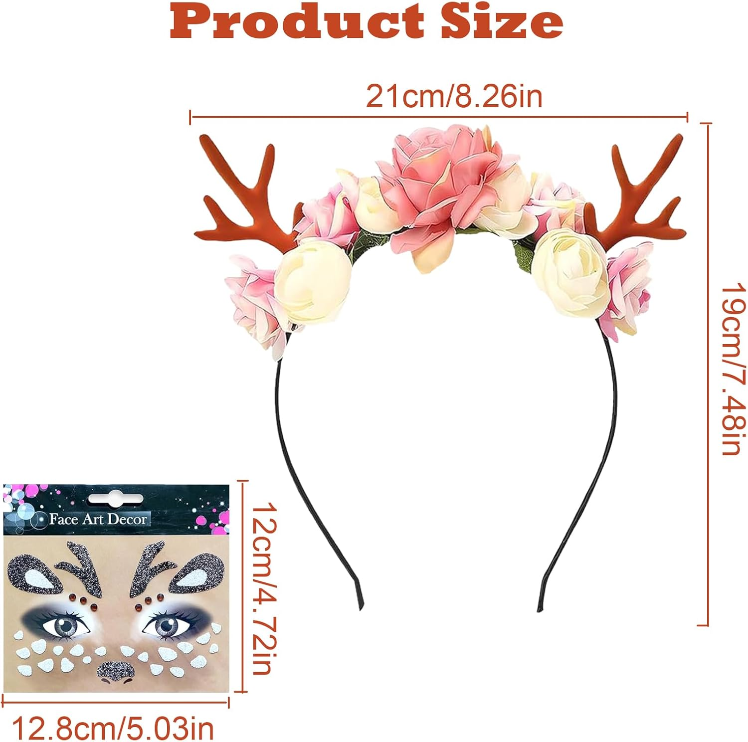 YUNHENTONG Deer Antler Headband + Deer Face Tattoo, Headband with Reindeer Antlers Headband for Carnival Halloween image number 4