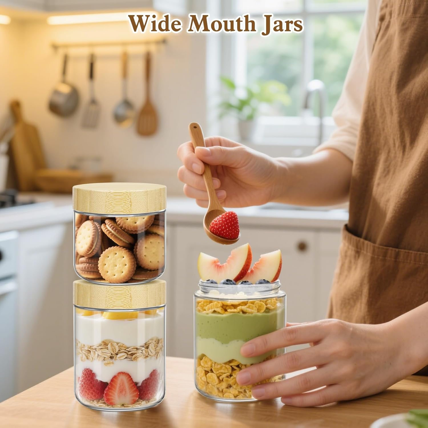 UHAPEER 10 & 16 Oz Overnight Oats Containers with Bamboo Lids 6 Pack: Airtight Glass Storage Jars Wide Mouth Mason Jars for Breakfast Meal Prep Salad Chia Puddirg Snacks Yogurt Sugar Spice Cereal image number 2