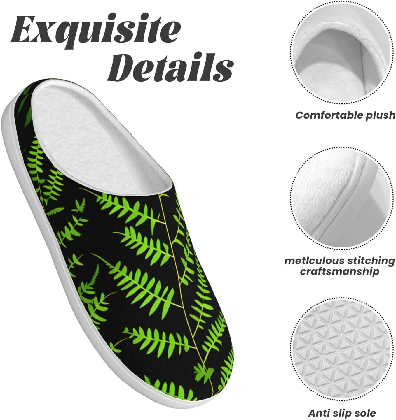 Natural Plant Silhouette Fern Leaf Print Versatile Use anti Pilling Washable Slippers for Women Men Cozy Stylish Shoes, Black, 5 image number 2