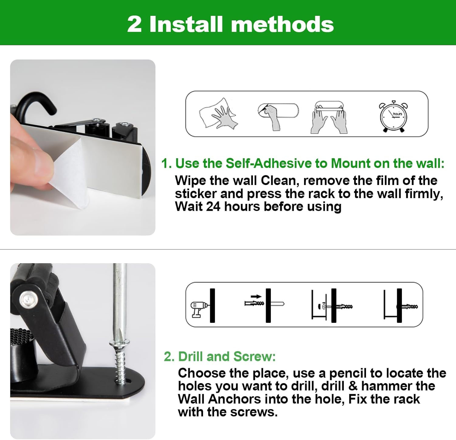 Voze 5 Racks and 4 Hooks Mop and Broom Holder Wall Mount, Self Adhesive Heavy Duty Broom Hanger Organizer Storage Tool Racks for Kitchen Garden Laundry Garage Black image number 2