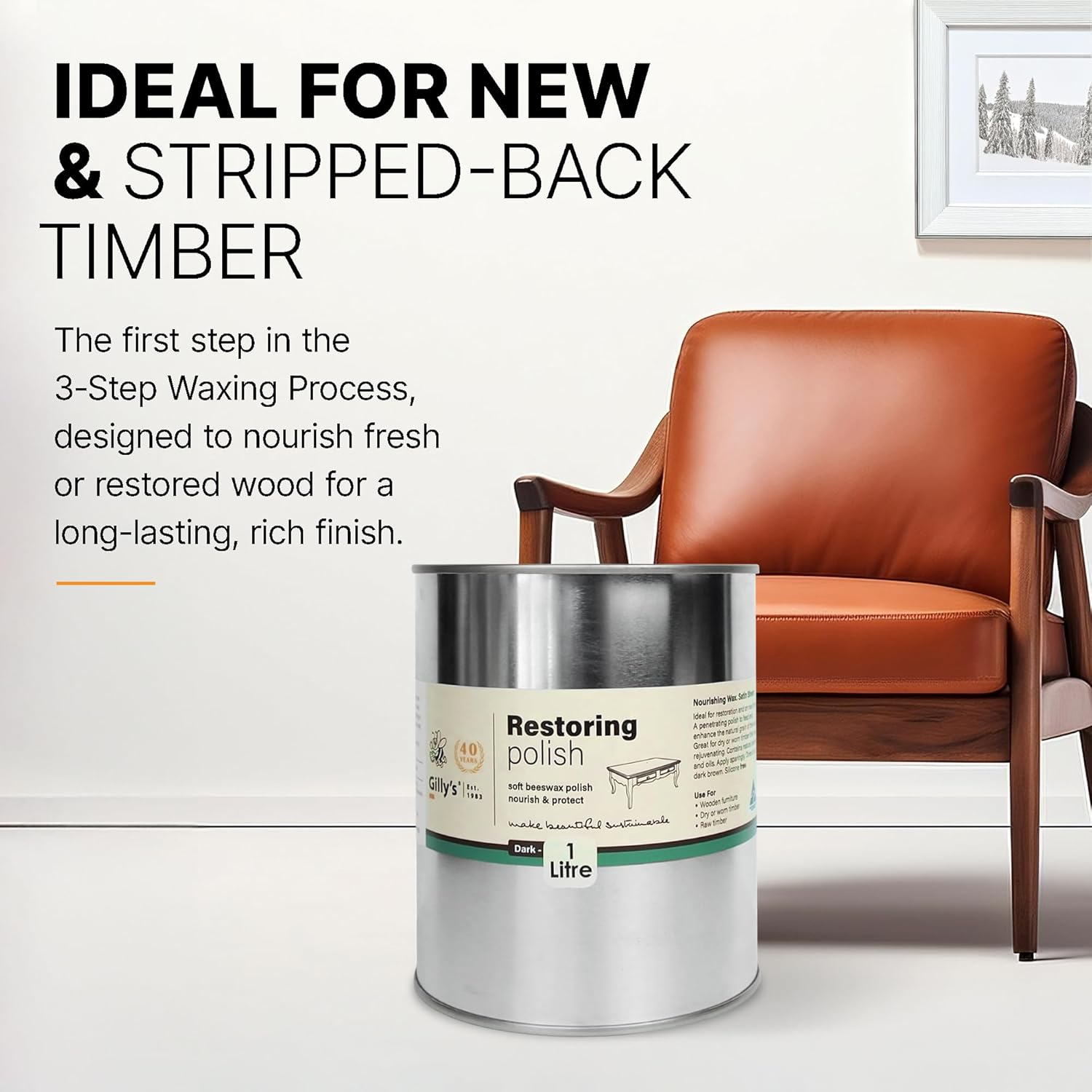 Gilly'S Restoring Polish Dark 1 Litre - Beeswax Wood Polish & Leather Conditioner | Starter Wax for New or Stripped Timber | Enhances Grain, Feeds Timber and Adds Sheen