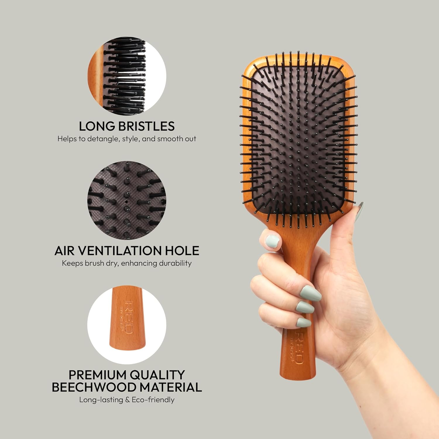 RED by Kiss Wooden Paddle Brush, Detangling Hair Brush, Long Bristles Beech-Wood Brush for Thick Curly Thin Long Short Wet Dry Hair, Long Lasting Shine (Square Paddle) image number 6