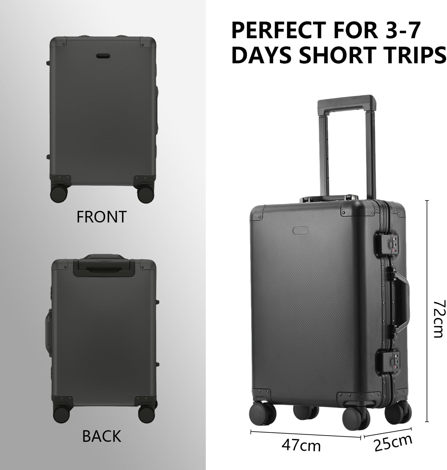 Simcat All Aluminium Luggage,Large Suitcase Hard Shell,Airline Approved Carry on Suitcase with TSA Locks, Silent Wheels, Black, 47X25X72Cm - Black image number 6