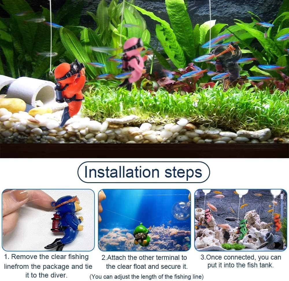 LYSAIMG 4Pcs Resin Floating Aquarium Decorations,Floating Fish Tank Decoration,Hanging Lovely Diver for Aquarium with Ball and Line,7Cm*3Cm Cute Miniature Diver,Accessories for Fish Tanks Pool image number 3