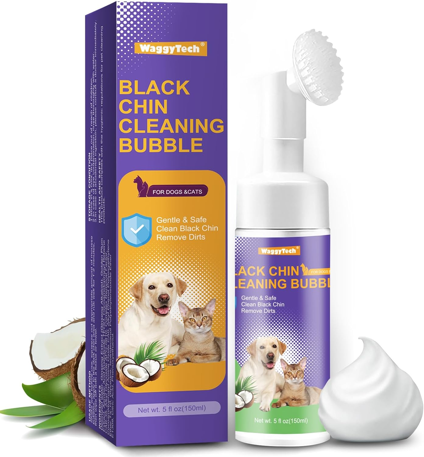 Cat Black Chin Acne Cleaner 5Oz (150 Ml), No-Rinse Pet Care Mousse with Soft Brush Head, Removes Blackheads & Degreases Tails, Pet Hair Health Shampoo - Dryness | Oil | Dirt image number 6