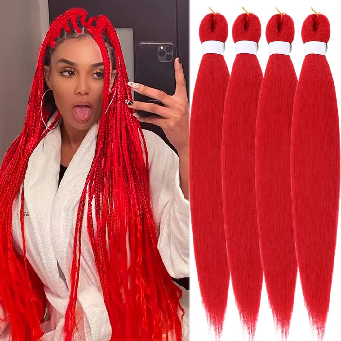 SAISIFEN Braiding Hair Pre-Stretched Yaik Straight 4 Pieces/Lot Ombre Colored Synthetic Long Hair Extensions Crochet Braids Hair Hot Water Setting 90G/Piece 66 CM/26 Inch #T1B/Burgundy Color image number 5