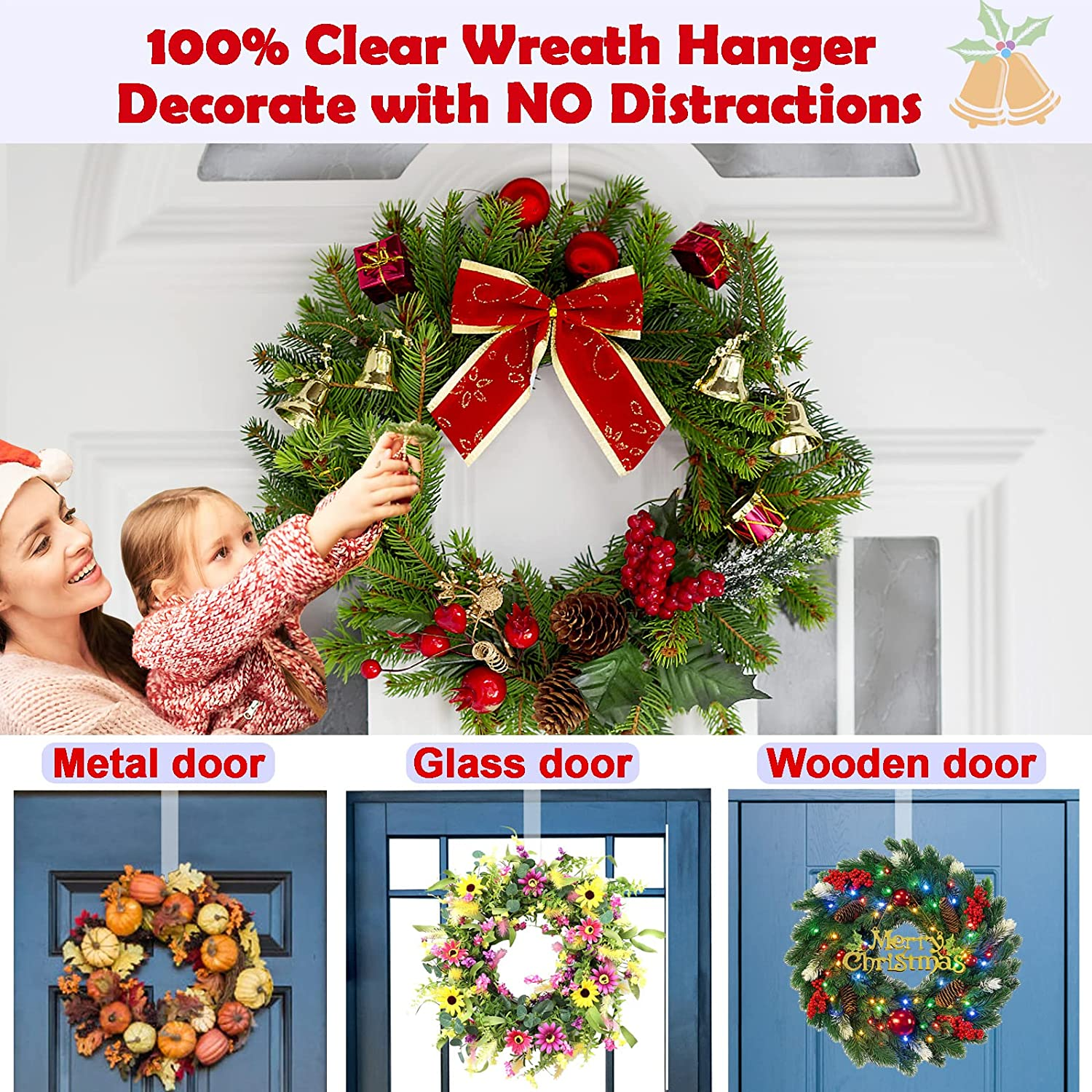 Biorshar Wreath Hanger,12~'' Clear Hooks for Front Door,2 Pack over the Door Easter Christmas Decoration Hangers Fall Halloween Wreaths Holder,Non Scratch D&eacute;cor Welcome Sign image number 6