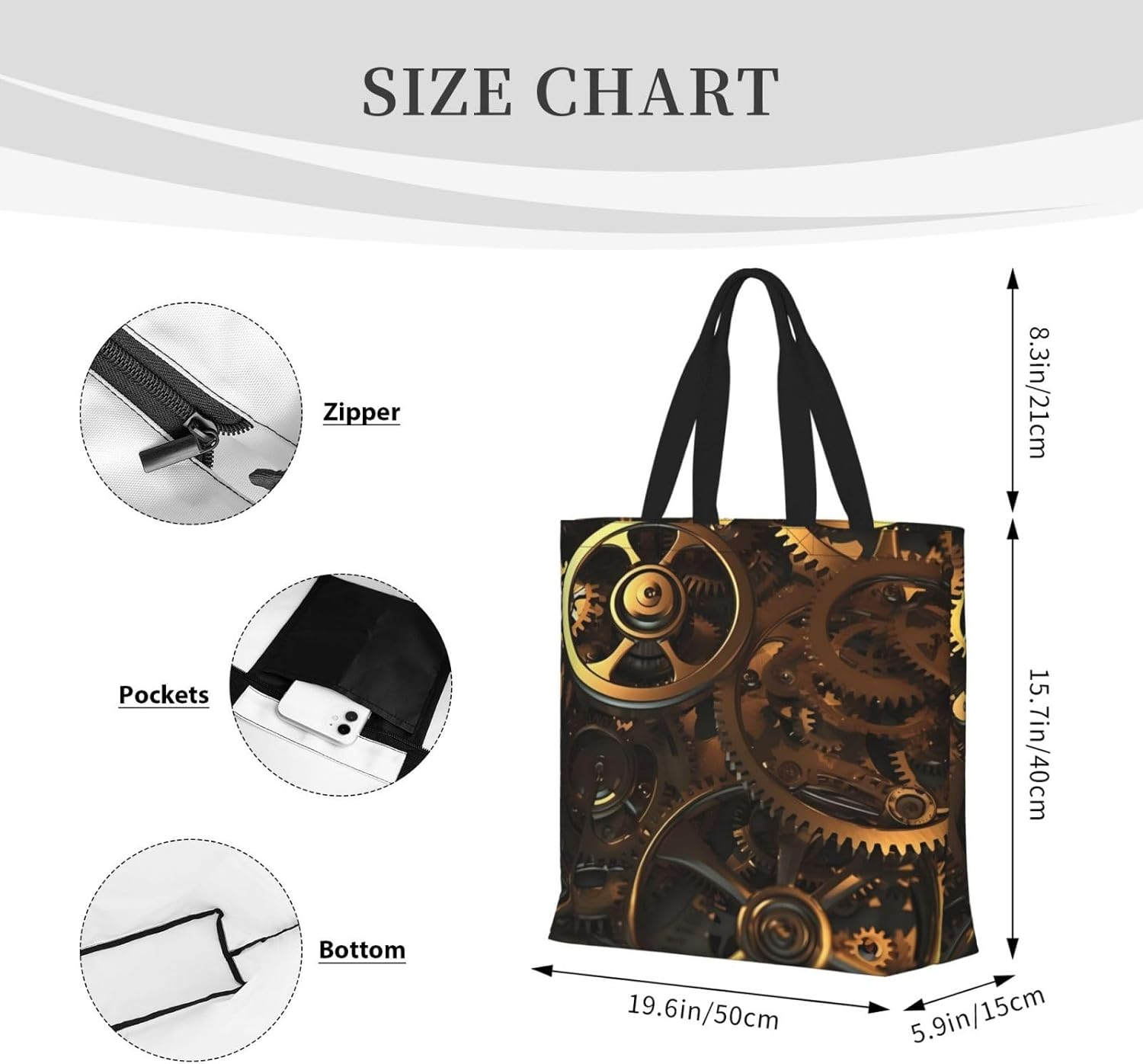 STVYUKL Cool Steampunk Gears Tote Bag for Women Casual Portable Shopping Handbags with Zipper Inner Pocket Reusable Waterproof Beach Grocery Bag for Shopping Travel Work, Black, One Size image number 6