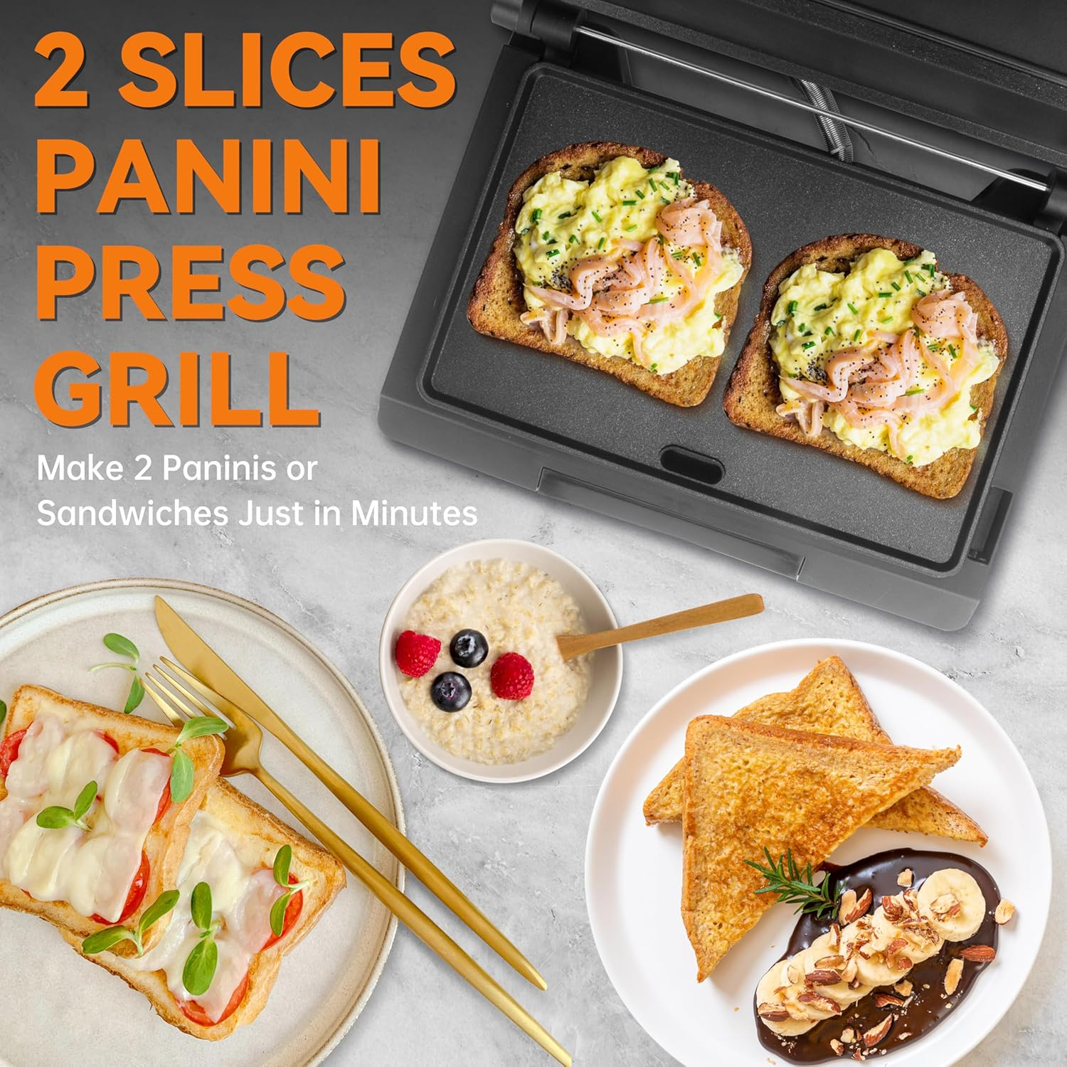Baker'S Friend Panini Press Electric Griddle, 2-Slices Panini Grill Press Sandwich Maker Press, Grilled Cheese Maker, Sandwichera Electrical, Non-Stick, Stainless Steel, Australian Plug image number 3