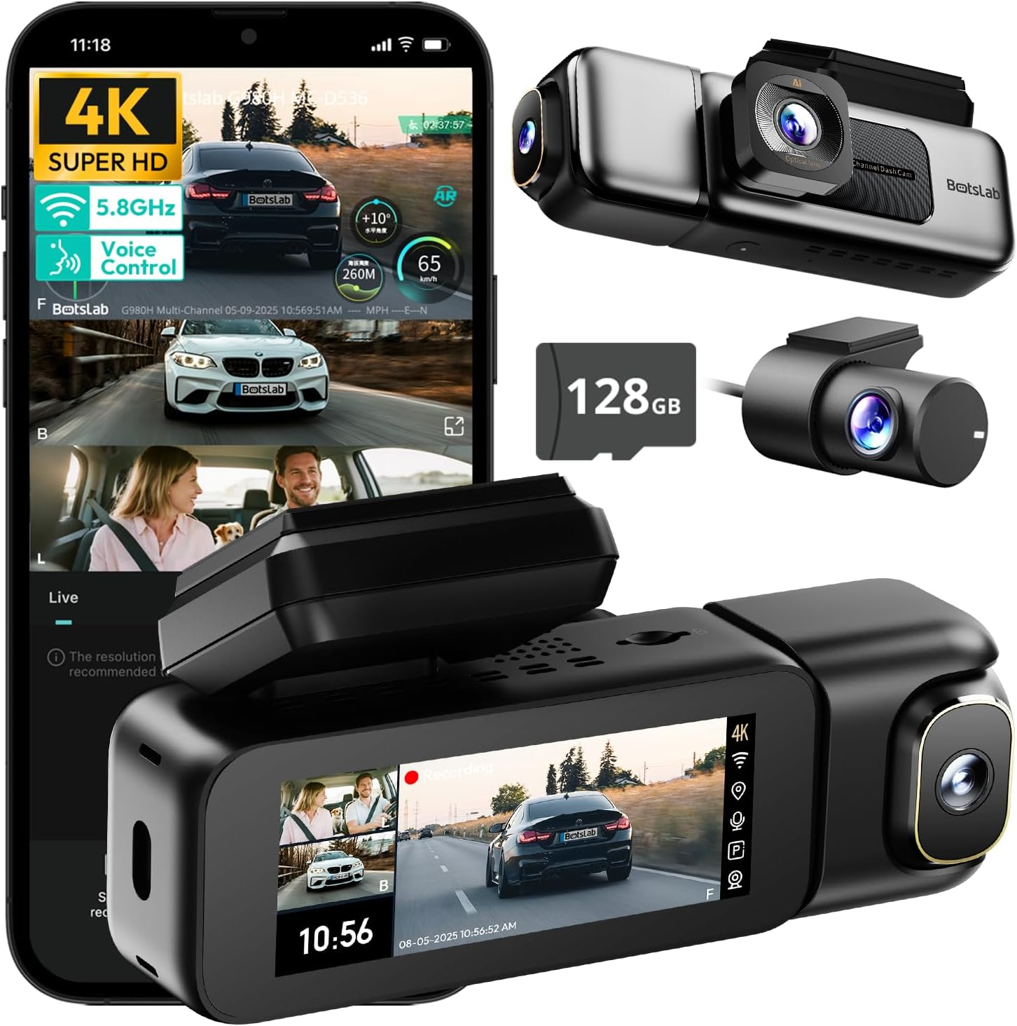 BOTSLAB 3 Channel 4K Dash Cam Front and Rear Inside, Triple Car Dash Cam with Voice Control, 3.18 Inches Touch Screen, Loop Recording, 24/7 Parking Mode, Included 128GB Memory Card image number 2