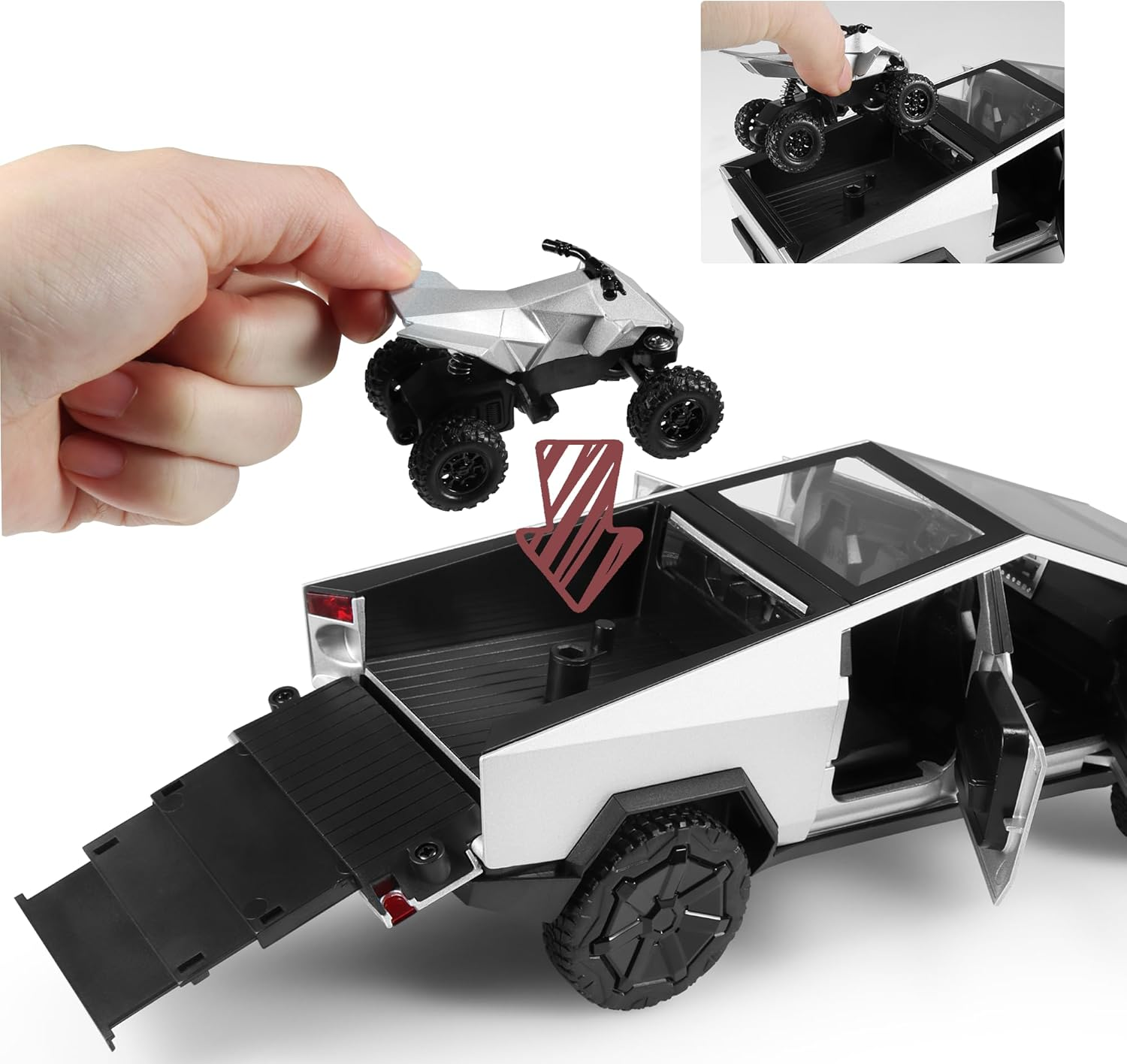 Toy Trucks Cybertruck with Trailer RV Cyberquad Car Toy 1:32 Cyber Toy Trucks Sliver Cybertruck Metal Diecast with Lights Sounds Effects, Fun Toy Cars Great Gifts Idea image number 2