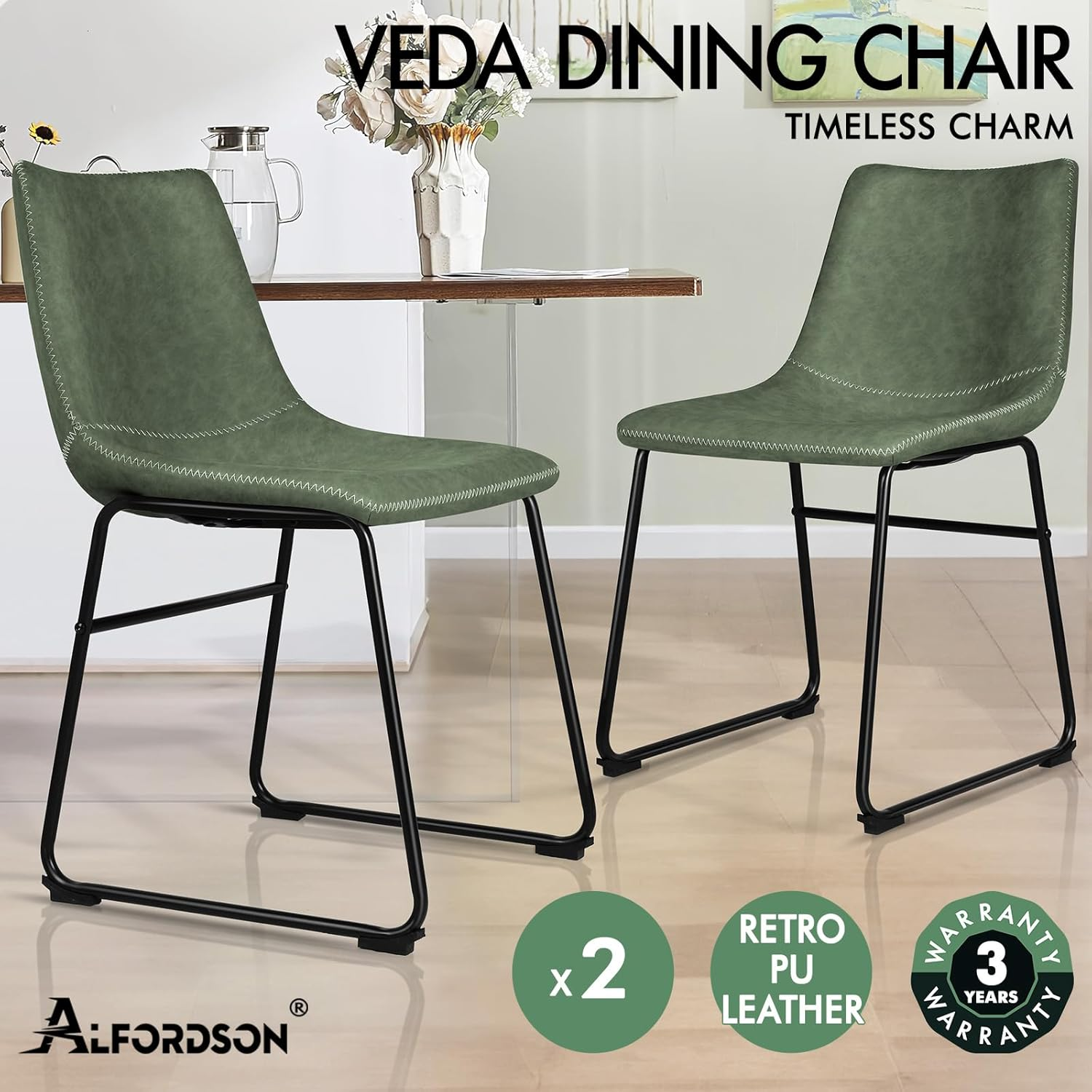 ALFORDSON Dining Chairs PU Leather Set of 2, Kitchen Chair with Metal Frame & Floor Protector, Reading Seating for Home Cafe Coffee Table, Max 150Kg, Veda Green image number 4