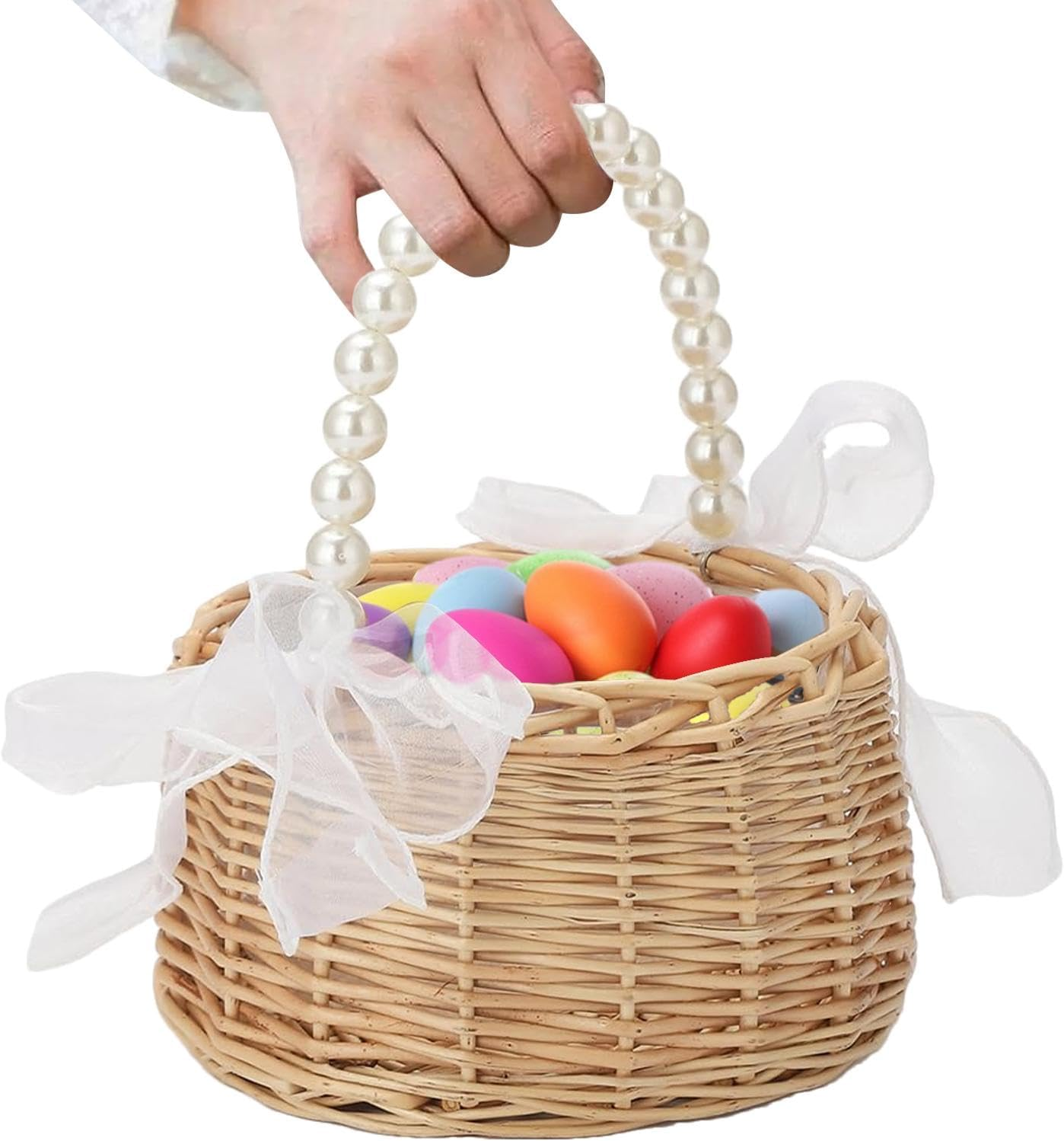 Wicker Flower Basket,Pearl Handle Bow Ribbon Wedding Petal Basket | Fairy Handwoven Easter Rattan Basket for Wedding Petal, Home Decor, Toys Sundries