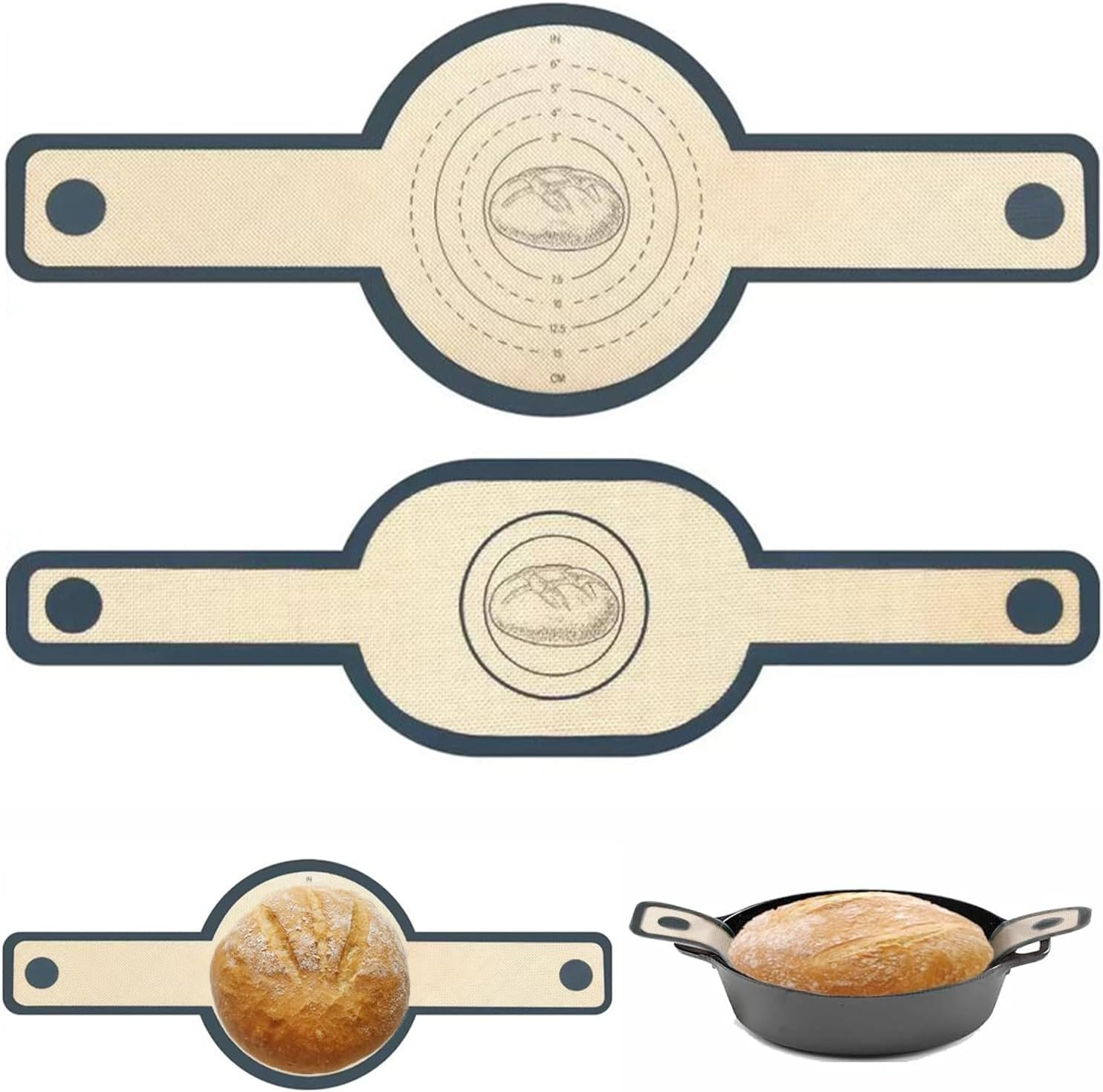 2PCS Silicone Bread Sling Oval and round for Dutch Oven, Silicone Bread Baking Mat with Extra Long Handles for Sourdough Transfer, Nonstick＆Reusable Bread Baking Mat, Gray image number 5