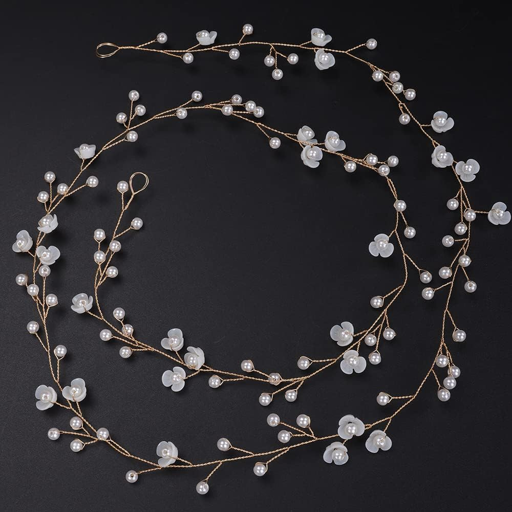 Teyglen Wedding Hair Vine Bridal Long Headband Flower Pearl Beads Long Hair Vine Gold Silver Hair Pieces Hair Jewelry Hair Accessories for Women Girl (Gold) image number 4
