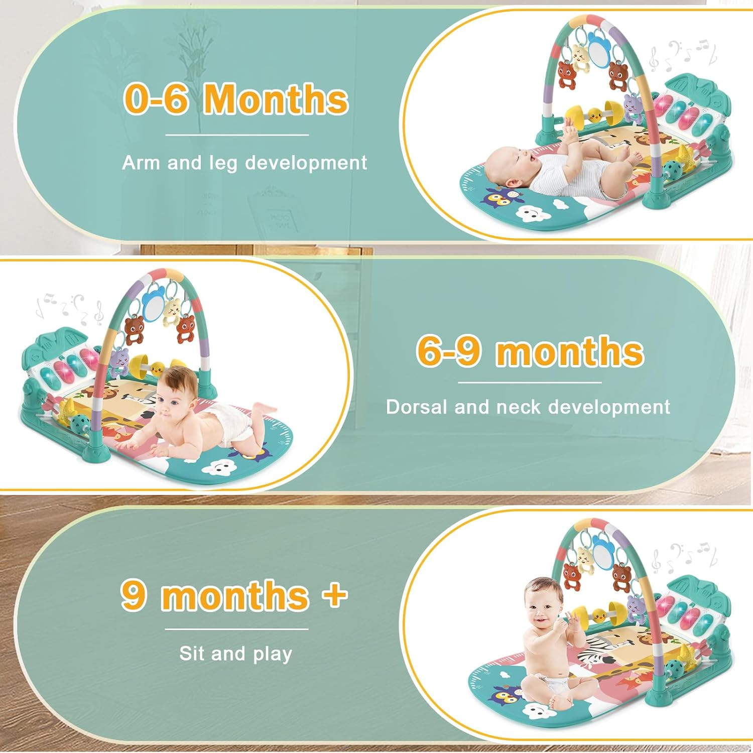 Baby Gyms Play Mats, Funny Play Piano Tummy Time Baby Activity Mat with 5 Infant Sensory Baby Toys Baby Play Piano Gym Mat with Music and Light for Babies Newborns and Toddlers (Green & Pink) image number 6