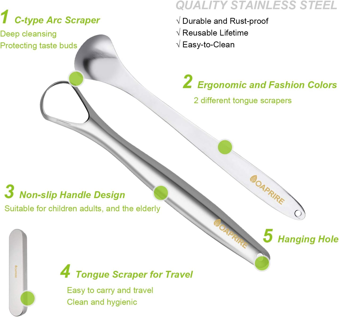OAPRIRE Tongue Scraper 2 Pack with Travel Handy Case, Stainless Steel Tongue Scraper Cleaner for Healthy Oral Care and Adults, Easy to Use, Help Fight Bad Breath Improve Image(Silver) image number 1