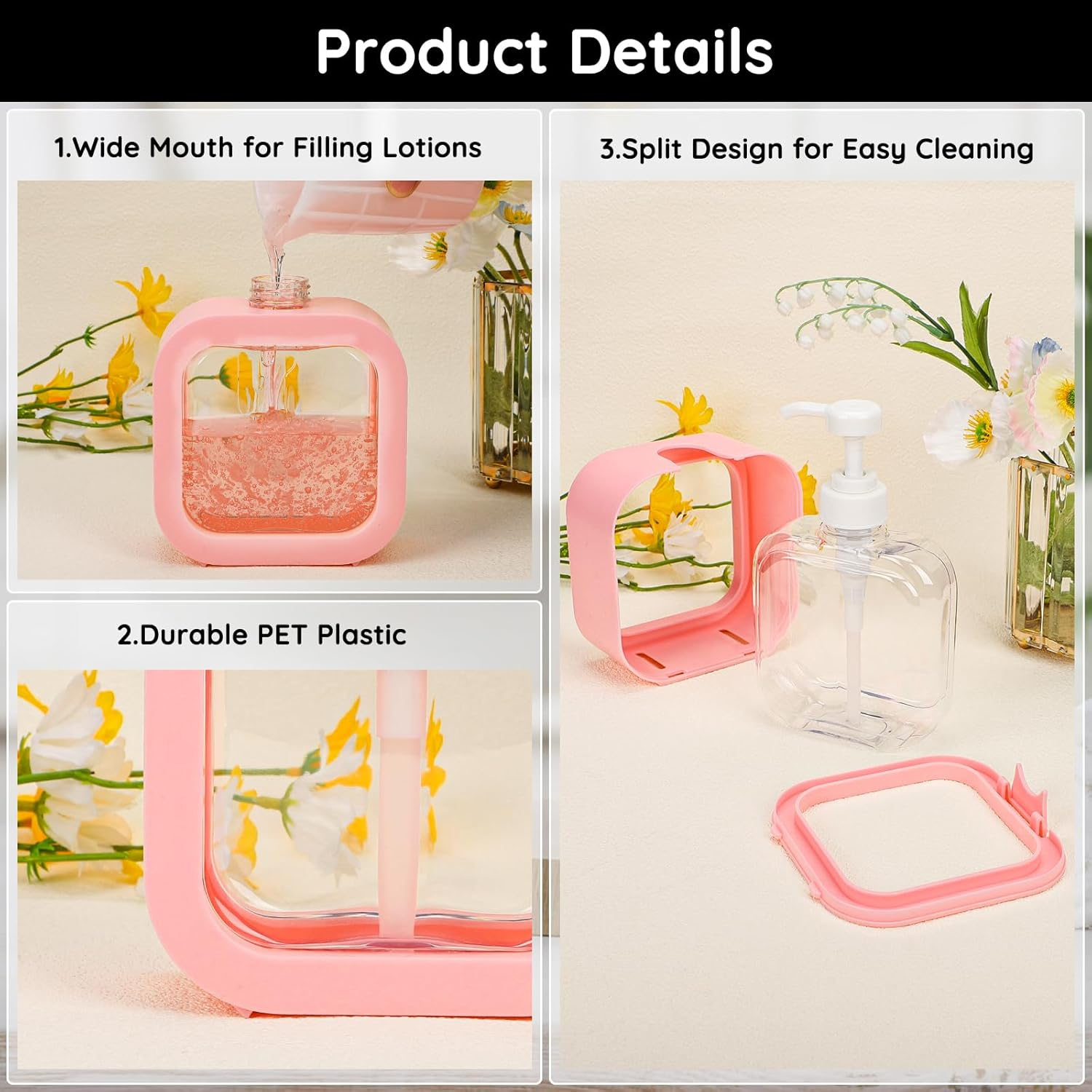 Segbeauty Shampoo and Conditioner Dispenser, 2Pcs 500Ml Dishwashing Liquid Dispenser, Pump Bottle with Labels, Empty and Refillable, in Plastic (Pink) image number 4