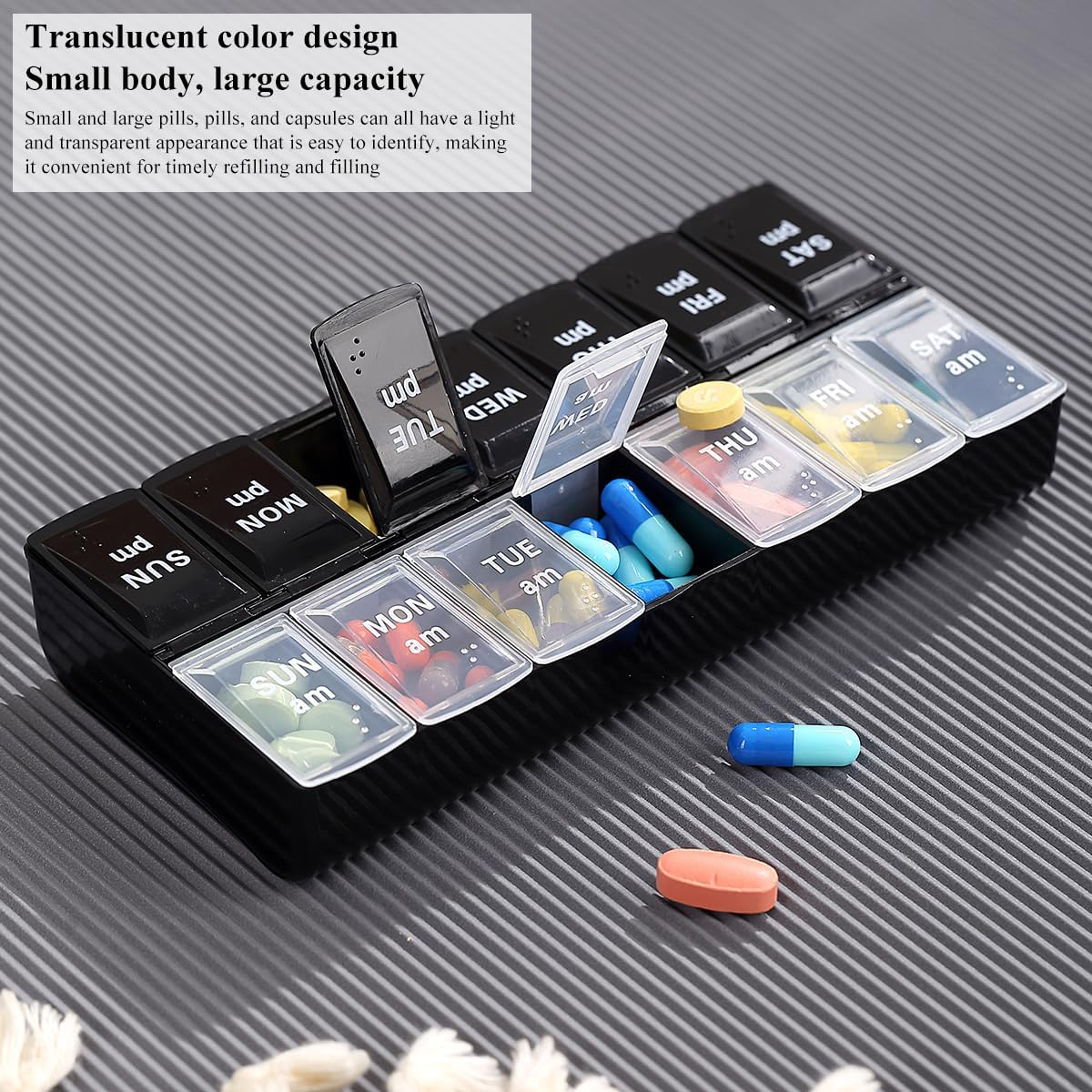 Berglander Pill Organizer 7 Day 2 Times a Day, Large Weekly AM PM Pill Box, Day Night Medicine Organizer, Pill Case 2 per Day, Pill Container Twice a Day Black and White Lid image number 2