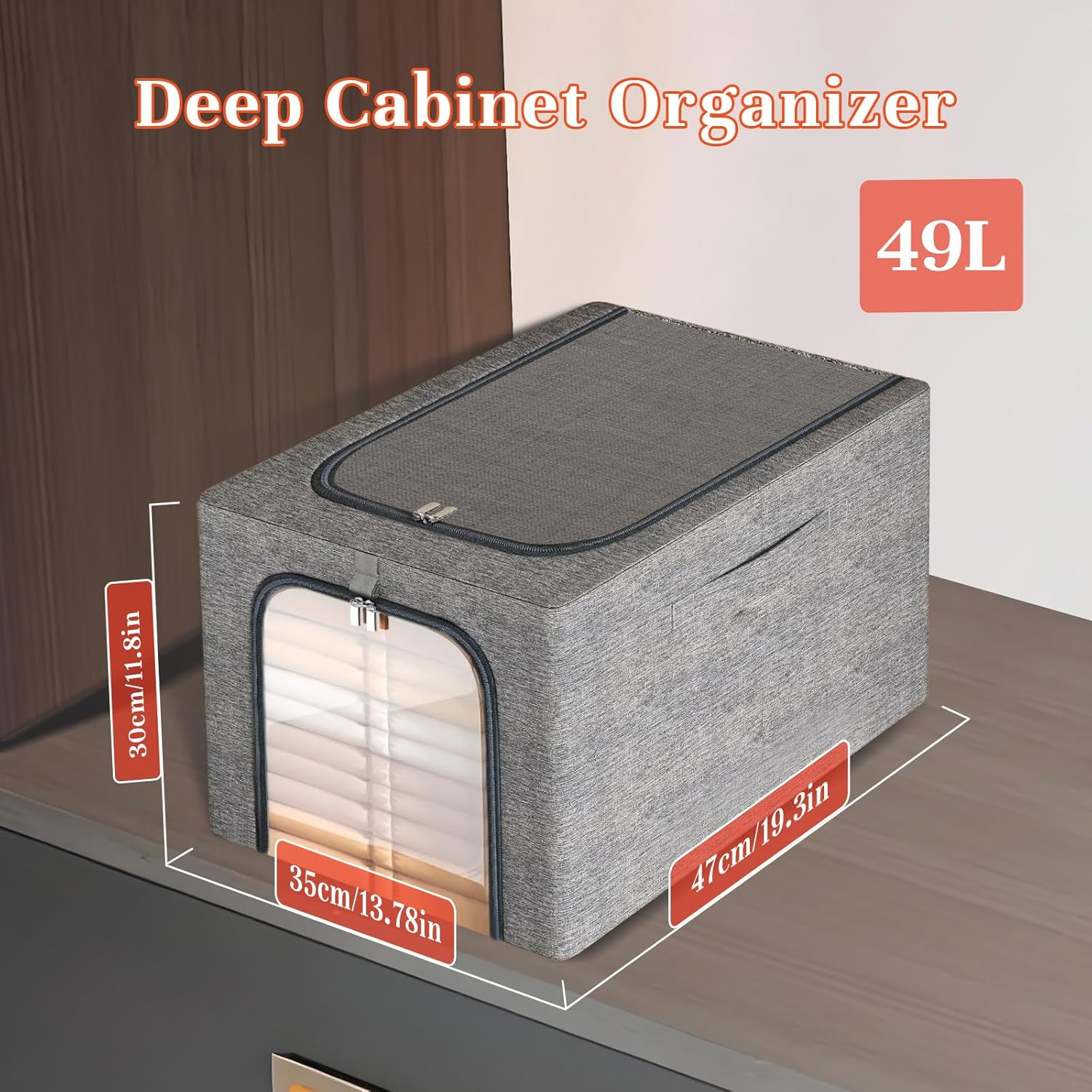 49L Clothes Storage Bags, 3 Pack Foldable Storage Bins Box with Metal Frame, Thick Stackable Closet Organizers Container Set with Handles Clear Window Cotton Linen(Grey) image number 2