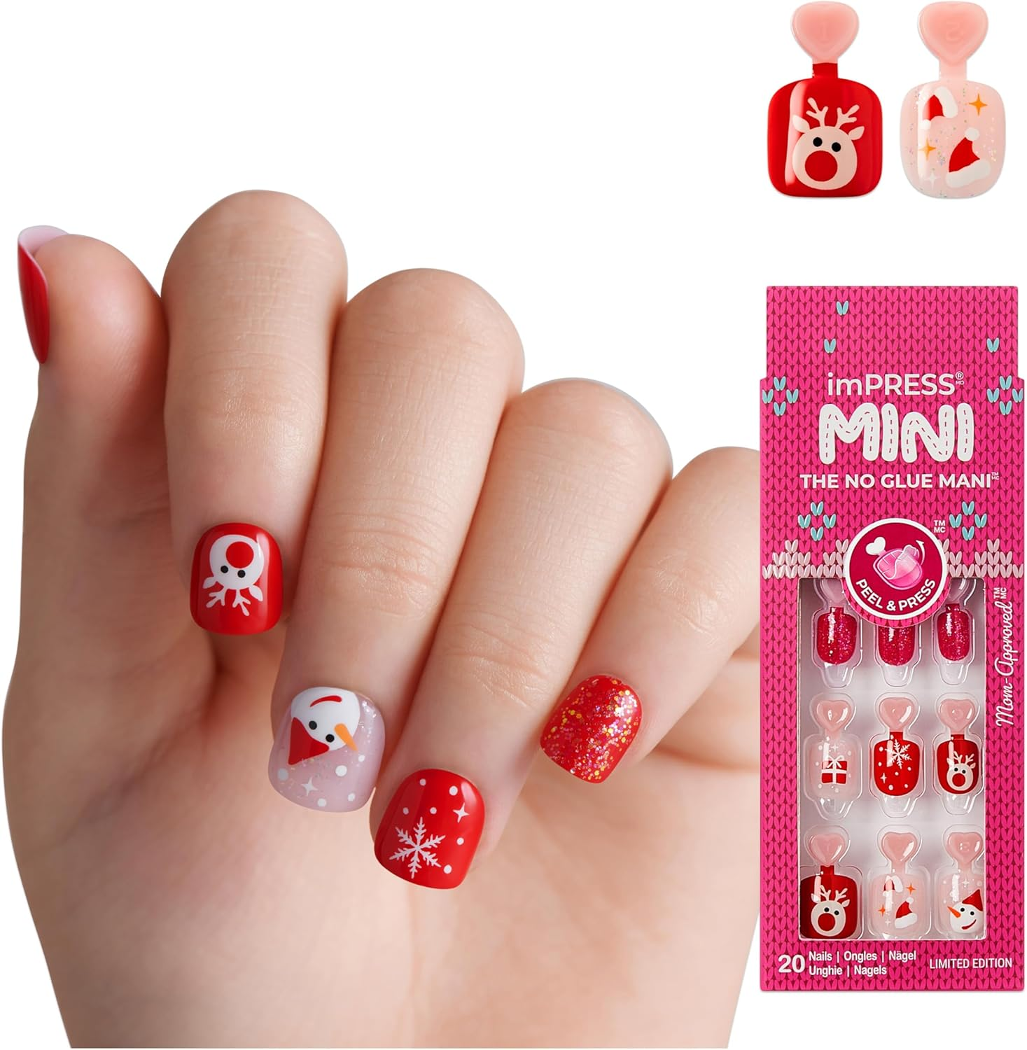 KISS Impress Mini Holiday Press on Nails for Kids, &lsquo;Snow Angel&rsquo;, Red, Child Size, Squoval Shaped, Mess-Free, Mom Approved, Non-Toxic, Breakaway Application Tabs, Nail File, 20 Fake Nails