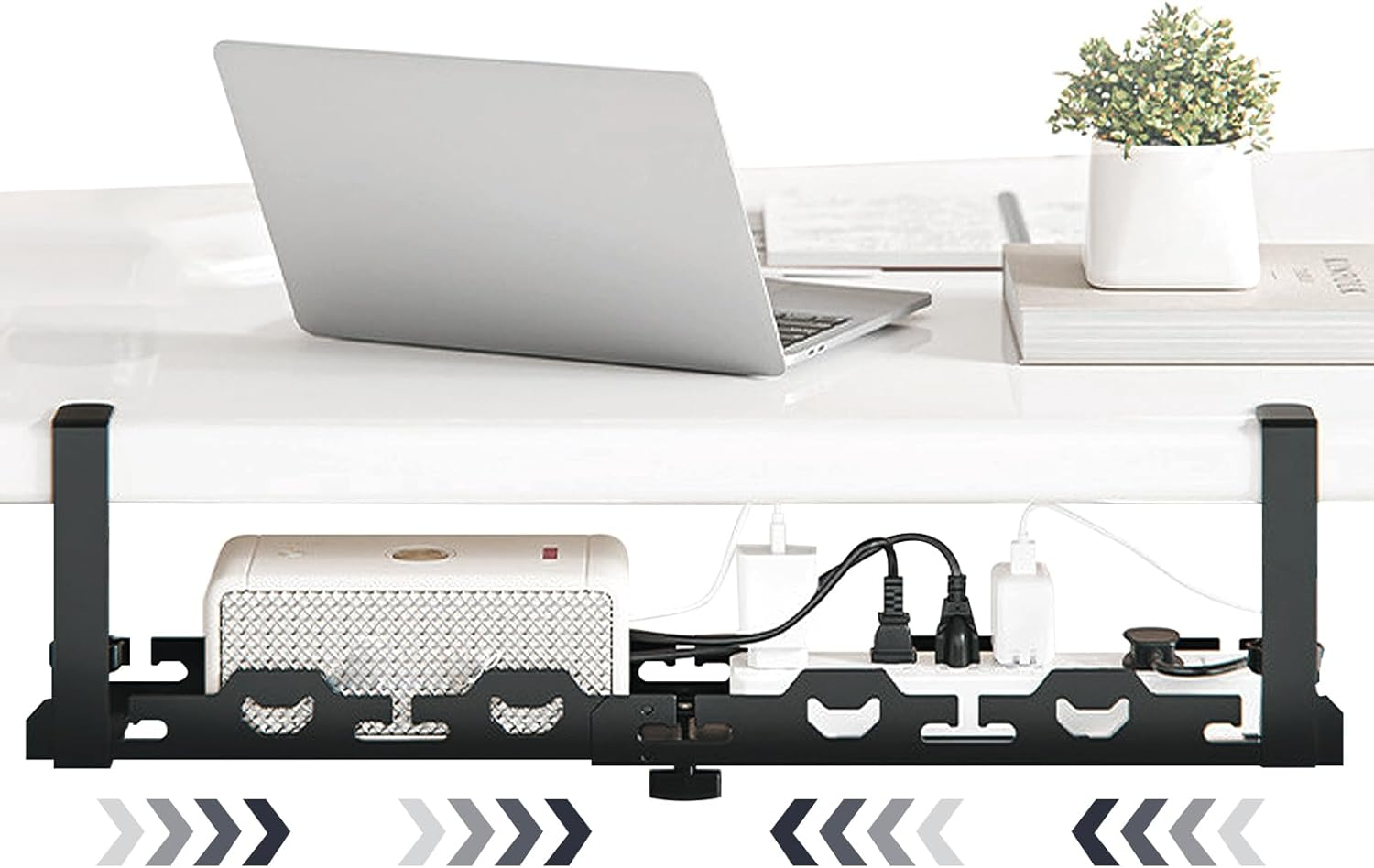 Bonaler under Desk Cable Management Tray,No Drill Retractable Clamp Mounted Desk Cable Cord Organizer for Desk,Sturdy Metal Cable Tray Basket for Home Office Computer,Black image number 6