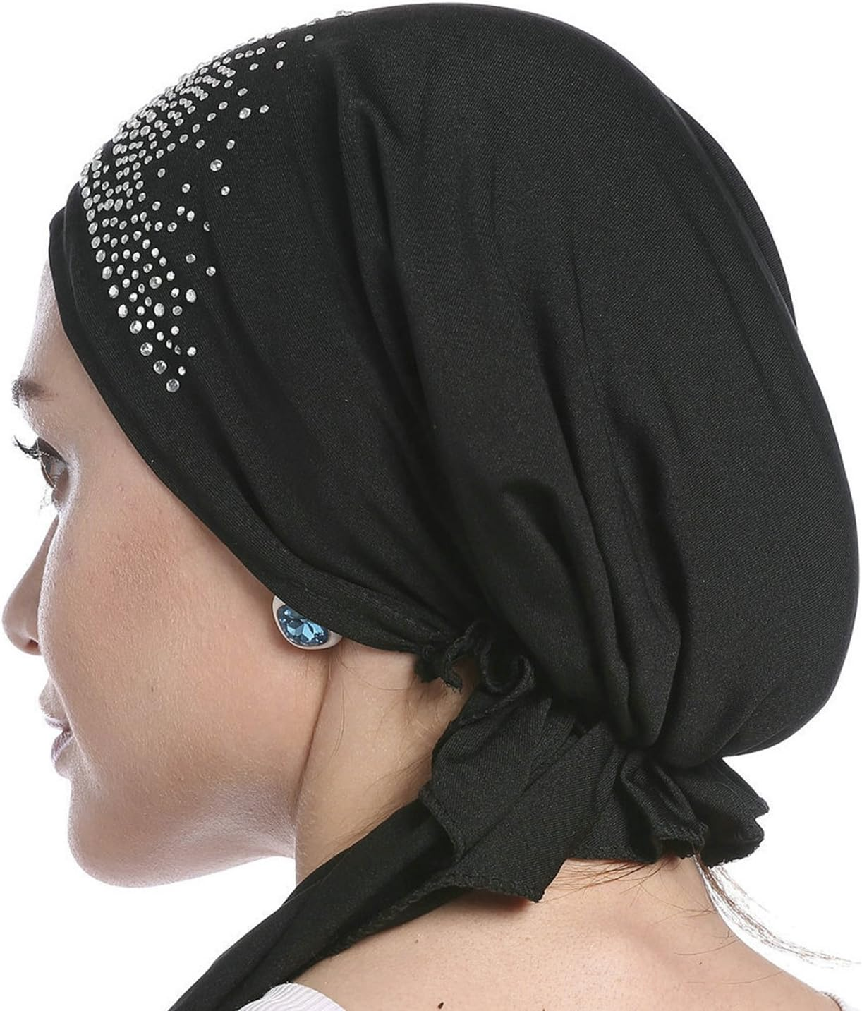 Woman'S Chemo Hat Crystal Pleated Stretchy Turban Cap Beanie Bandana Skull Cap Ethnic Head Wrap Hat Headscarf for Cancer Patients,Alopecia Hair Loss - Black image number 1