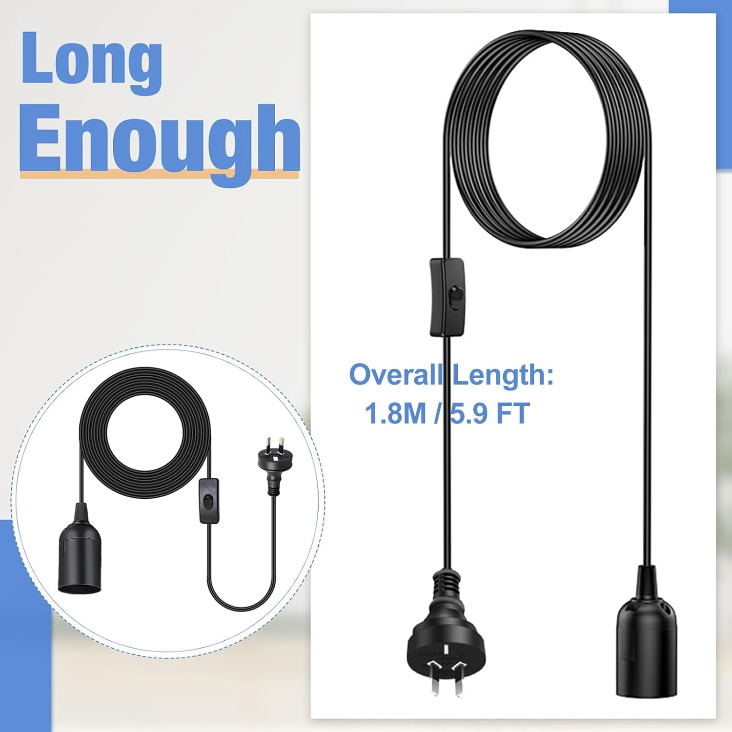 Salt Lamp Cord Replacement E27 Bulb Cable with Light Switch, 1.8M Plug in Pendant Light Extension Cable Lamp Socket to AC AU Plug Power Cord for Kitchen Bedroom Plant Growth Linear Pendant Lights image number 6