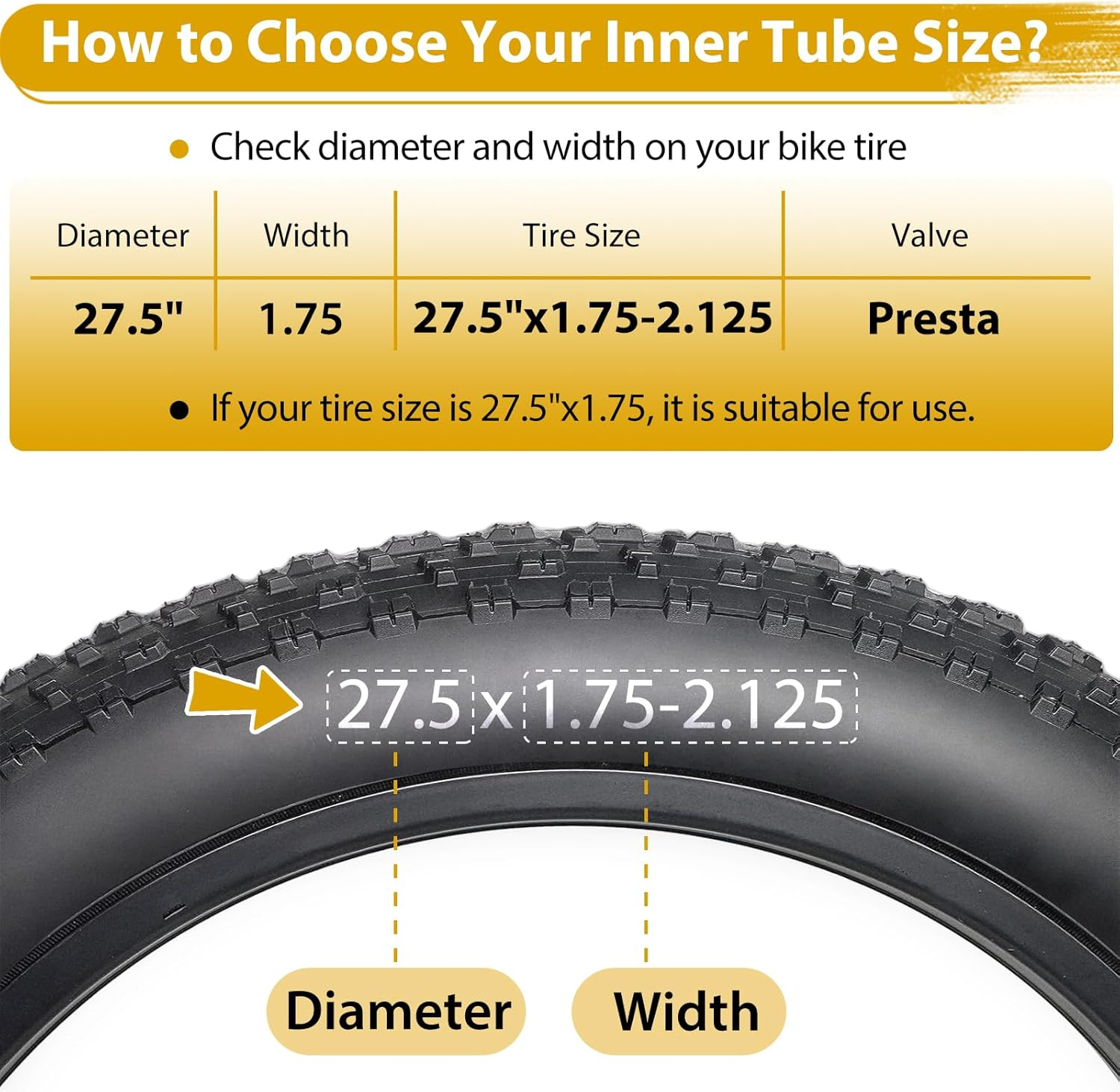 2 Pack 27.5 Inch Bike Tube Fv48Mm Presta Valve, 27.5" Bicycle Tube for 27.5 X 1.75/1.9/1.95/2.0/2.1/2.125 Tire, Butyl Rubber Inner Tube with 2 Tire Levers for Mountain MTB Bike