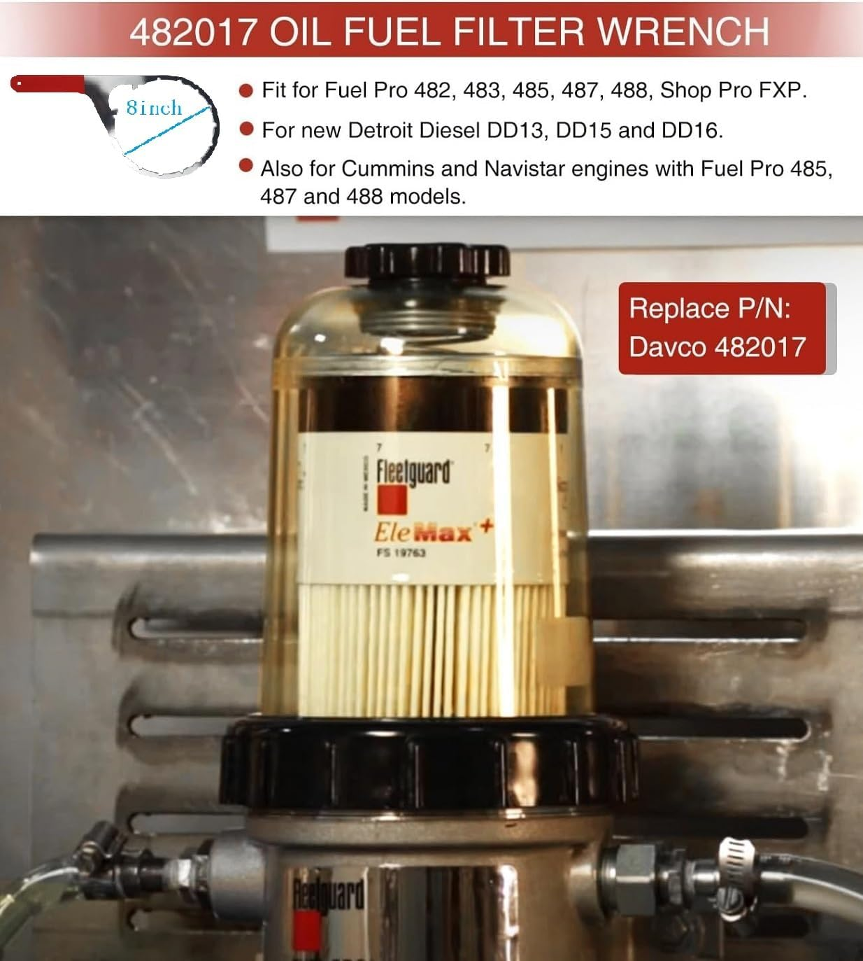 Fuel Filter Wrench Set 6Inch 8Inch Colar/Vent Cap Wrench for 380,382,482,483,485,487,488,782,Detroit Diesel Truck,Cummins,Navistar Engines image number 4