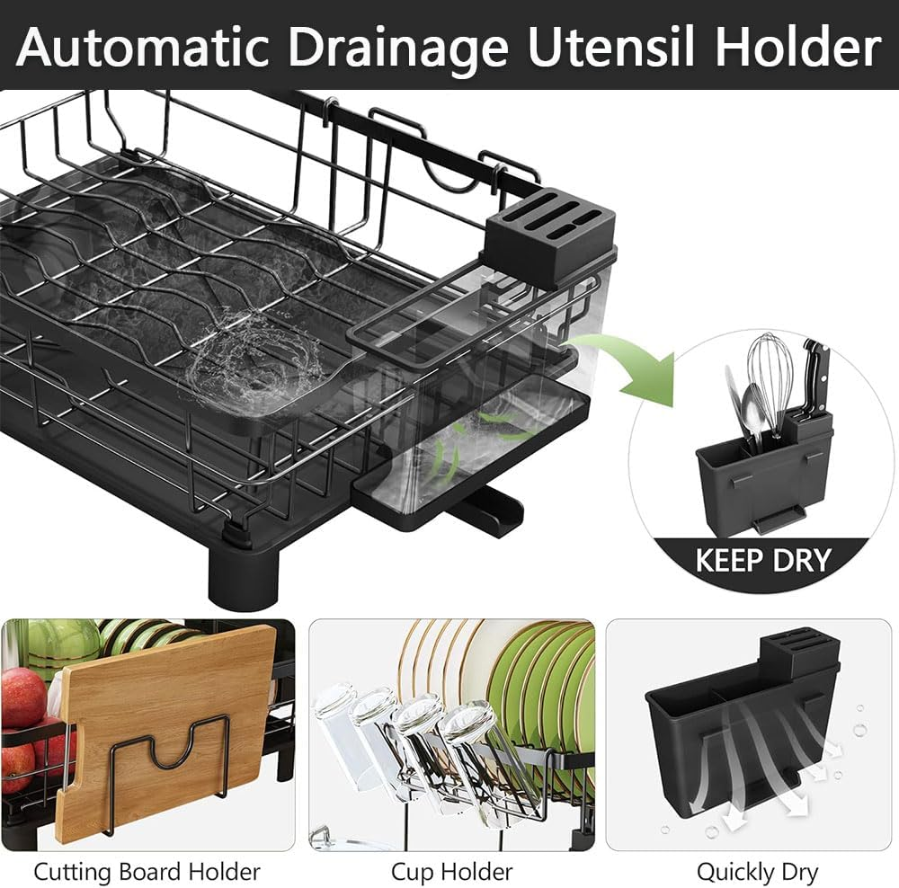 2-Tier Stainless Steel Dish Drying Rack for Kitchen Counter -Detachable Large Dish Drainer Set, Utensil & Cutlery Holder for Kitchen Storage & Organisation (Black) image number 1