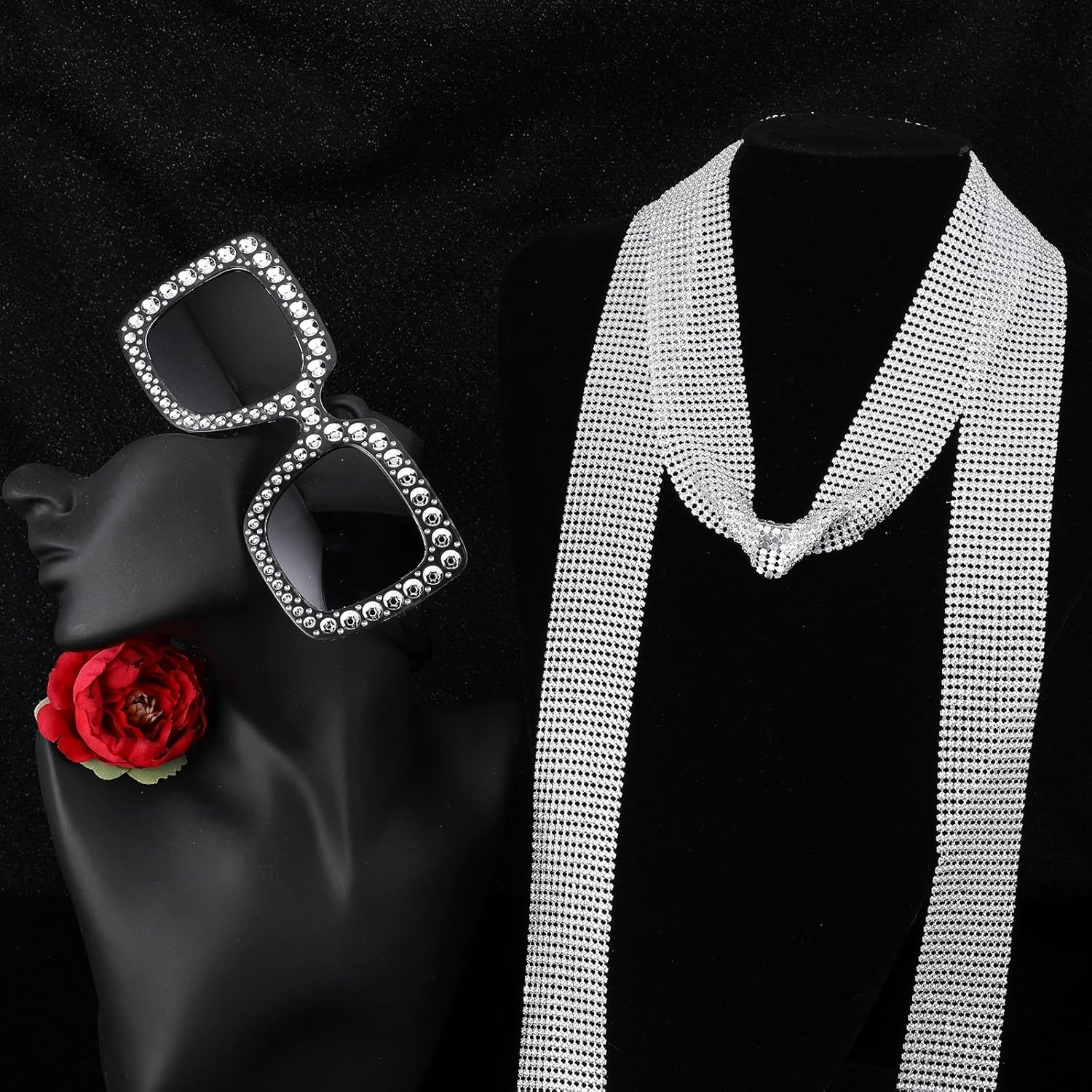 Abeillo Disco Outfit for Women - Silver Sequin Scarf & Glasses Set 70S Disco Outfits Accessories Women image number 2