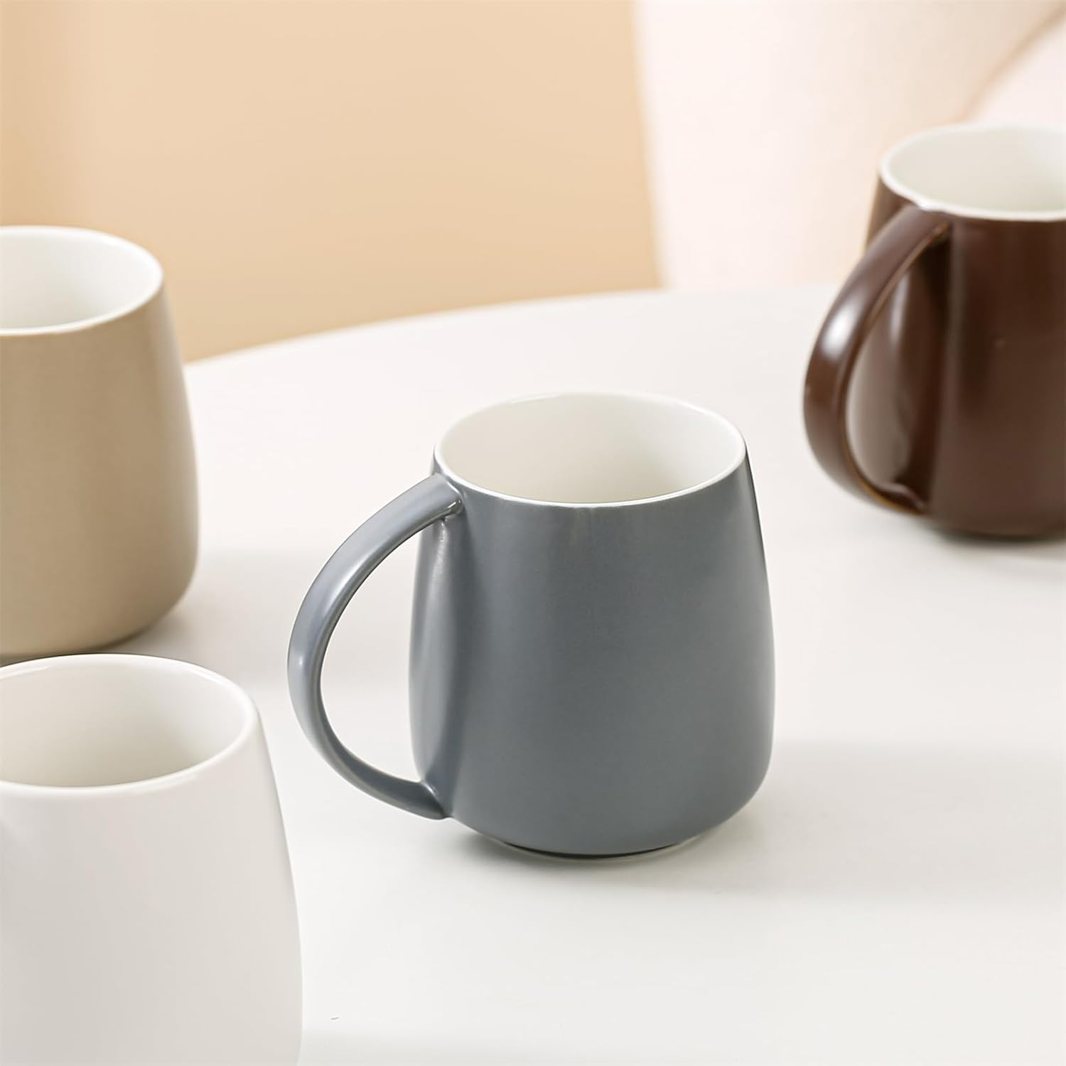 Classic Large Capacity Ceramic Belly Coffee Mugs 400Ml 14Oz Nordic Matte Finished Water Breakfast Toothbrush Egg Shaped Cup with Handle for Home Office Men Women (Gray) - Black image number 2