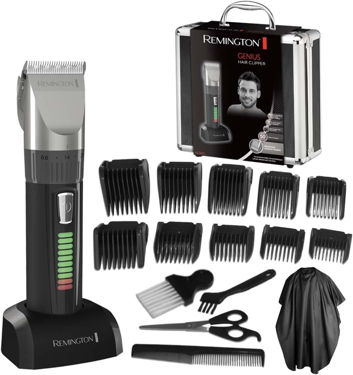 Remington HC5811 Professional Hair Trimmer (Self-Sharpening Ceramic Blades, 10 Attachment Combs, Mains / Battery Operated, Durable Lithium Battery, Professional Aluminium Case, Hairdressing Cape) Hair Trimmer, Hair Trimmer