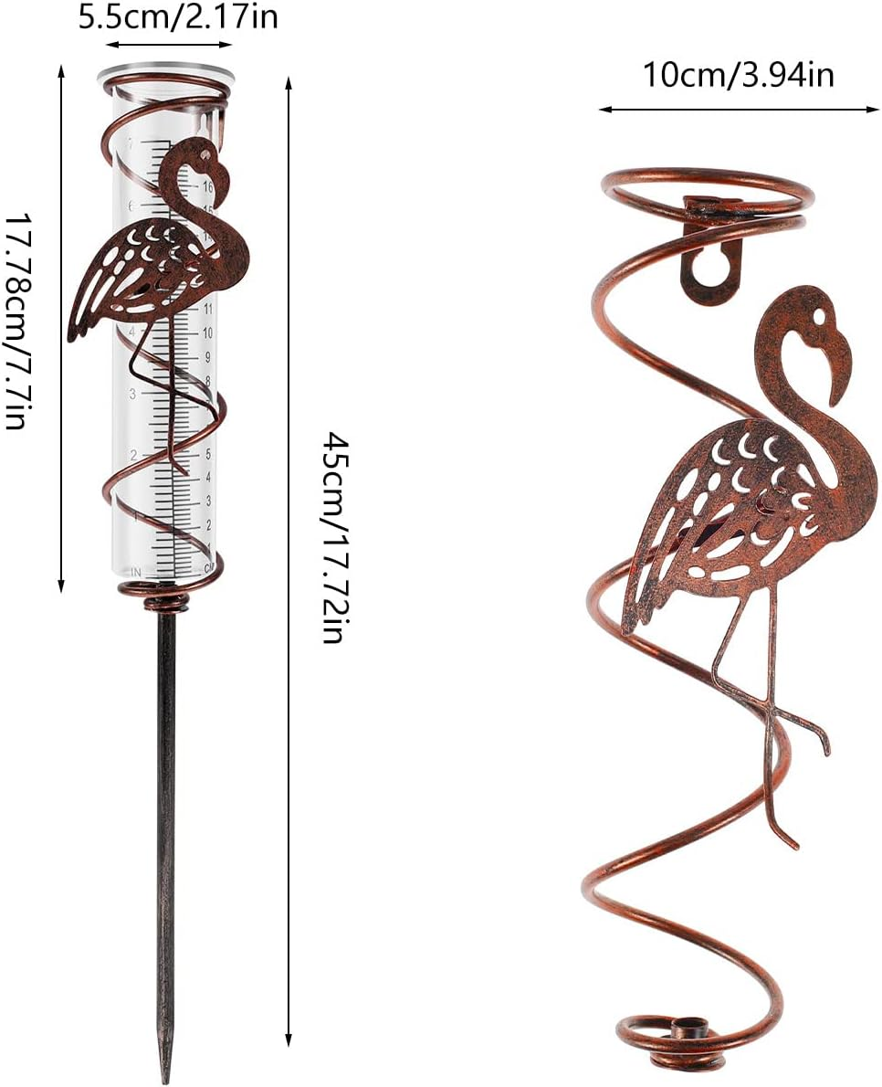 Rain Gauge for Garden - 7Inch Capacity Metal Spiral Rain Gauge with Bird Ornament Outdoor Water Gauge Rain Falling Measuring Instrument for Patio Lawn Backyard Decoration (Flamingo) image number 1