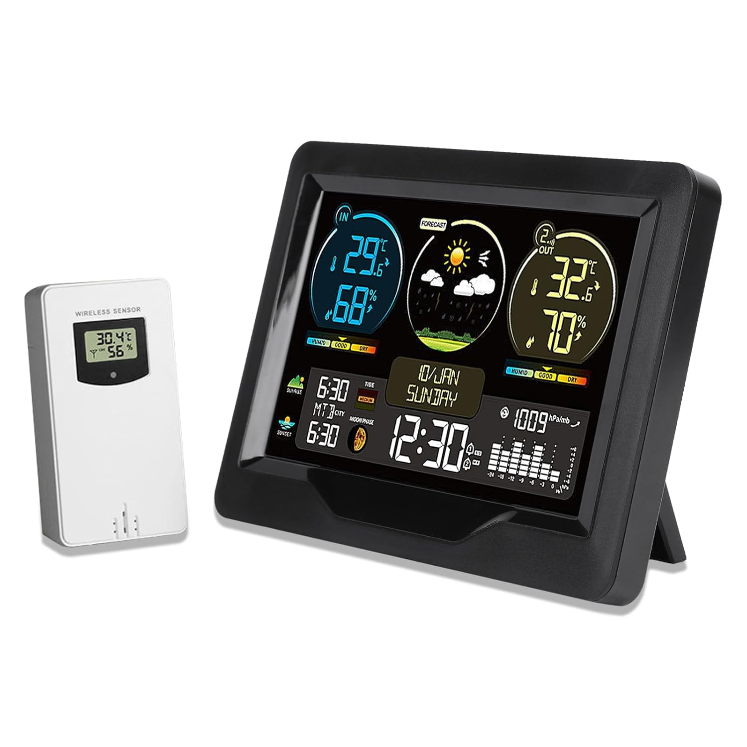 Omabeta 1PCS Digital Weather Station Color Display with Temperature Humidity Monitor/Rain Gauge/Time/Electronic Calendar/Air Pressure/Tide/Moon Phase/Local Sunrise and Sunset Time,16.1 * 11.5 * 3.5Cm image number 5